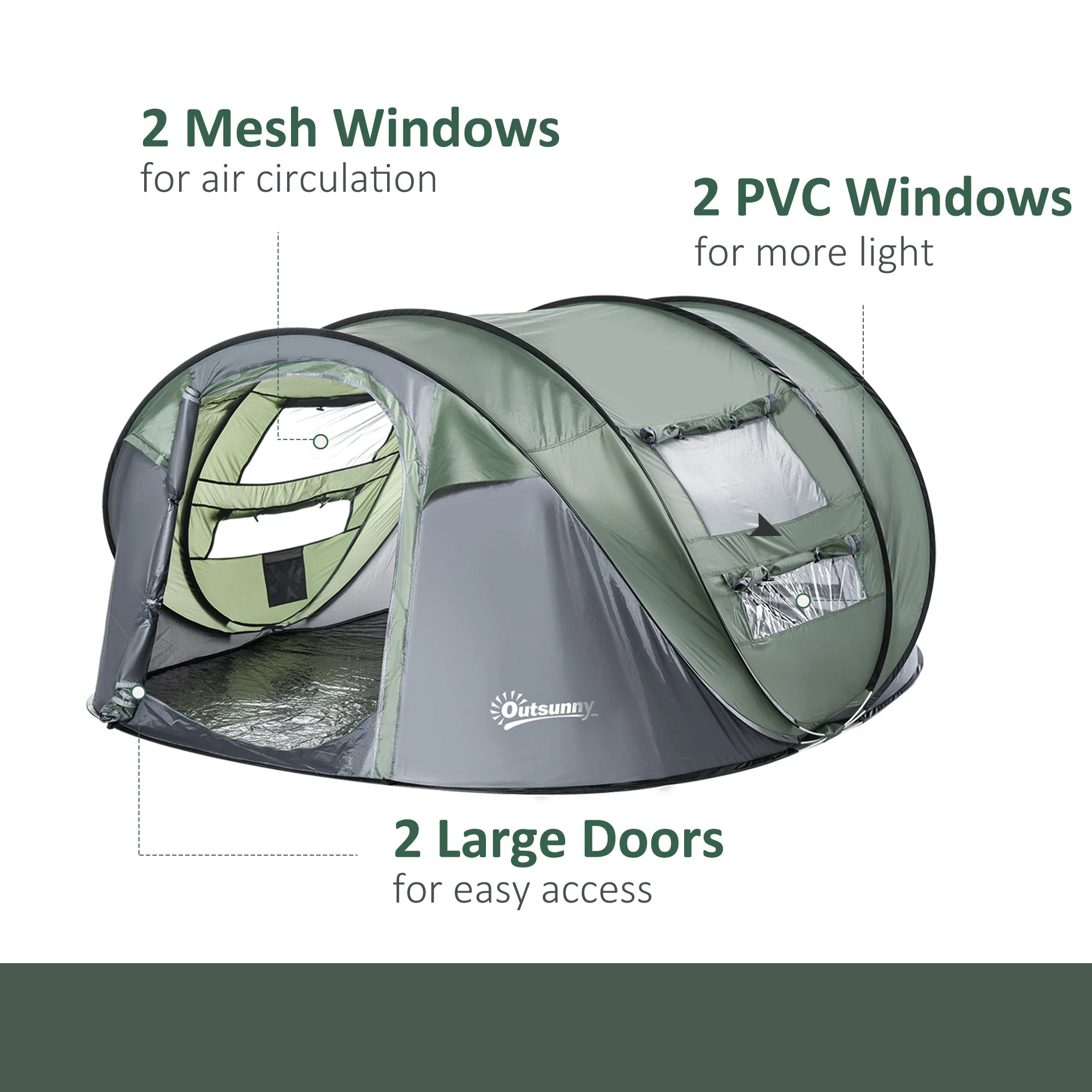 4-5 Person Pop-up Camping Tent Waterproof Family Tent w/ 2 Mesh Windows & PVC Windows Portable Carry Bag for Outdoor Trip Dark Green - Image 7