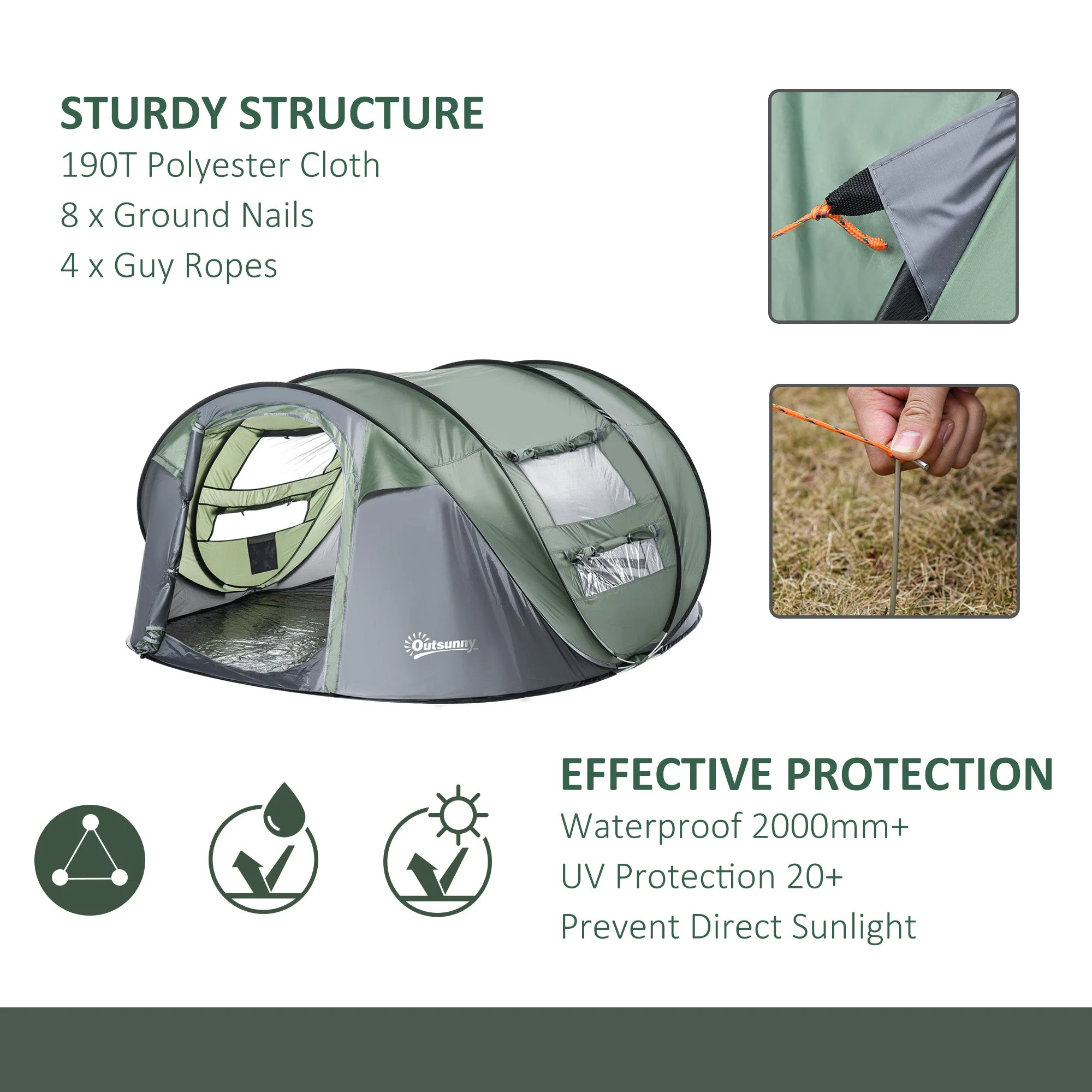 4-5 Person Pop-up Camping Tent Waterproof Family Tent w/ 2 Mesh Windows & PVC Windows Portable Carry Bag for Outdoor Trip Dark Green - Image 8