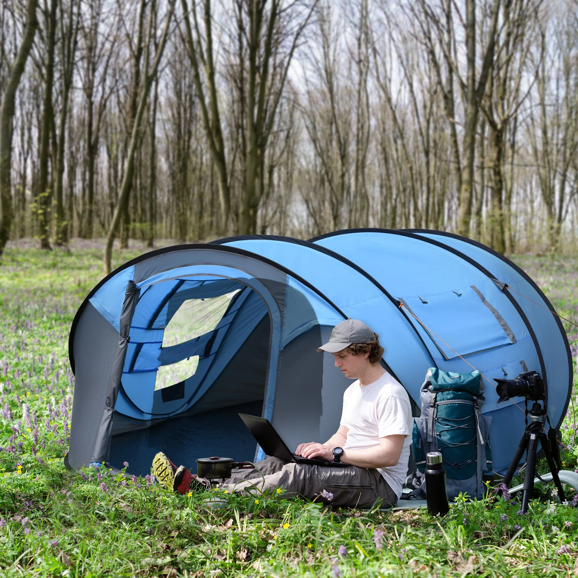 4-5 Person Pop-up Camping Tent Waterproof Family Tent w/ 2 Mesh Windows & PVC Windows Portable Carry Bag for Outdoor Trip Sky Blue - Image 2