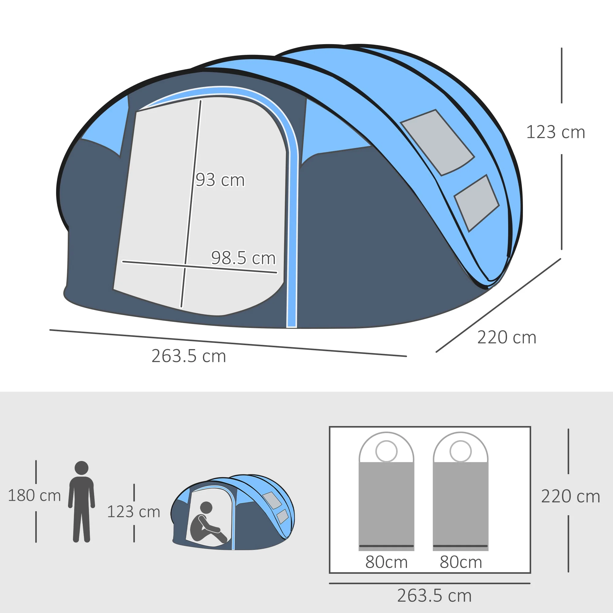 4-5 Person Pop-up Camping Tent Waterproof Family Tent w/ 2 Mesh Windows & PVC Windows Portable Carry Bag for Outdoor Trip Sky Blue - Image 3