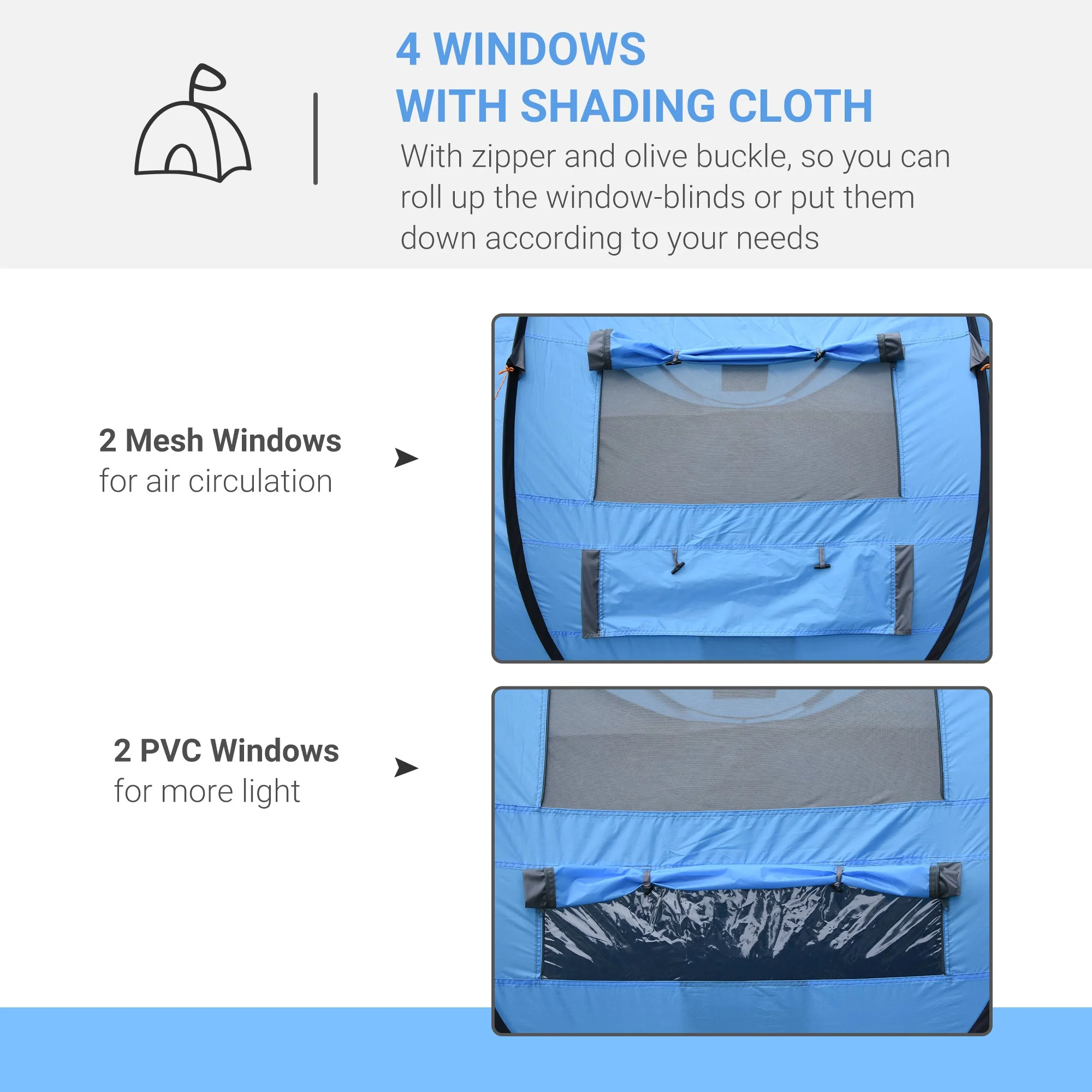4-5 Person Pop-up Camping Tent Waterproof Family Tent w/ 2 Mesh Windows & PVC Windows Portable Carry Bag for Outdoor Trip Sky Blue - Image 6
