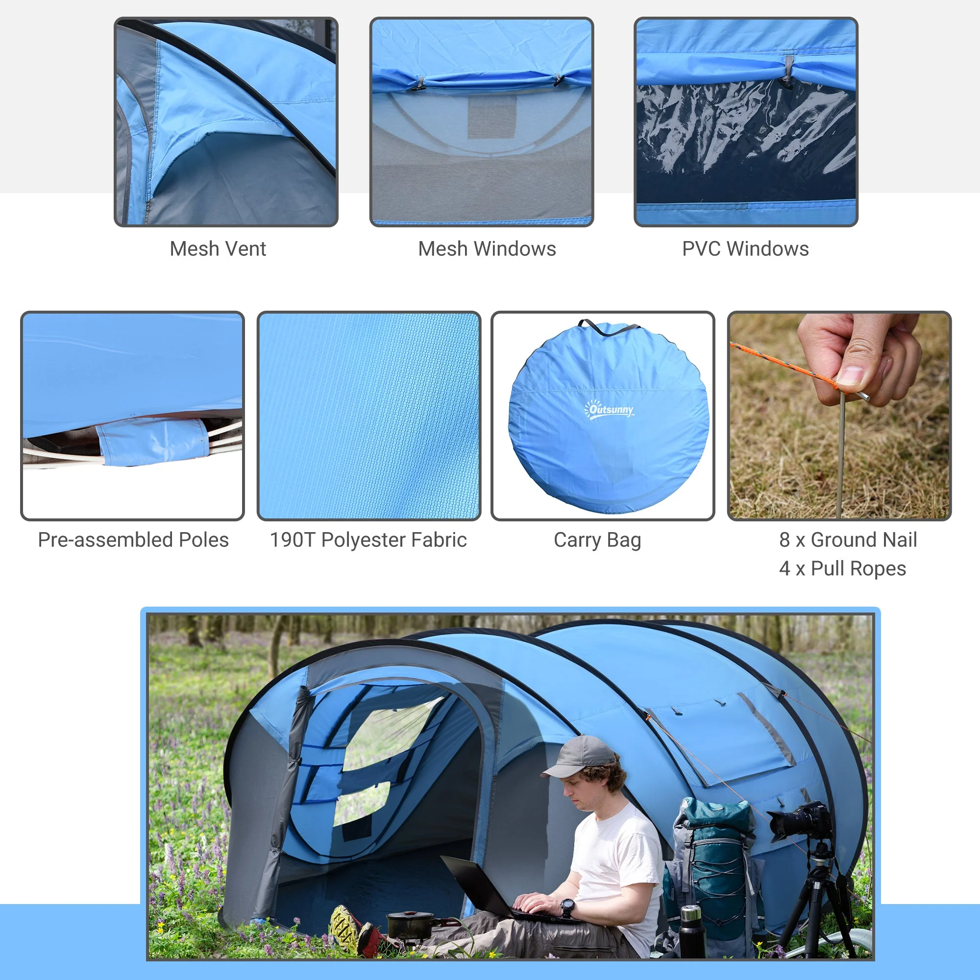 4-5 Person Pop-up Camping Tent Waterproof Family Tent w/ 2 Mesh Windows & PVC Windows Portable Carry Bag for Outdoor Trip Sky Blue - Image 7