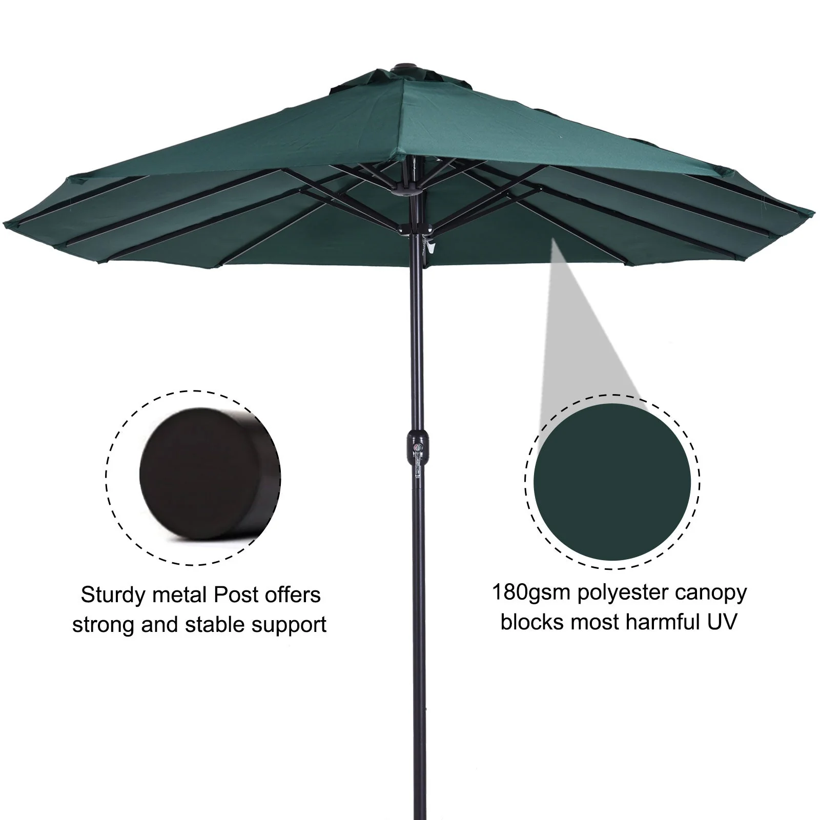 4.6m Garden Parasol Double-Sided Sun Umbrella Patio Market Shelter Canopy Shade Outdoor Green - Image 6