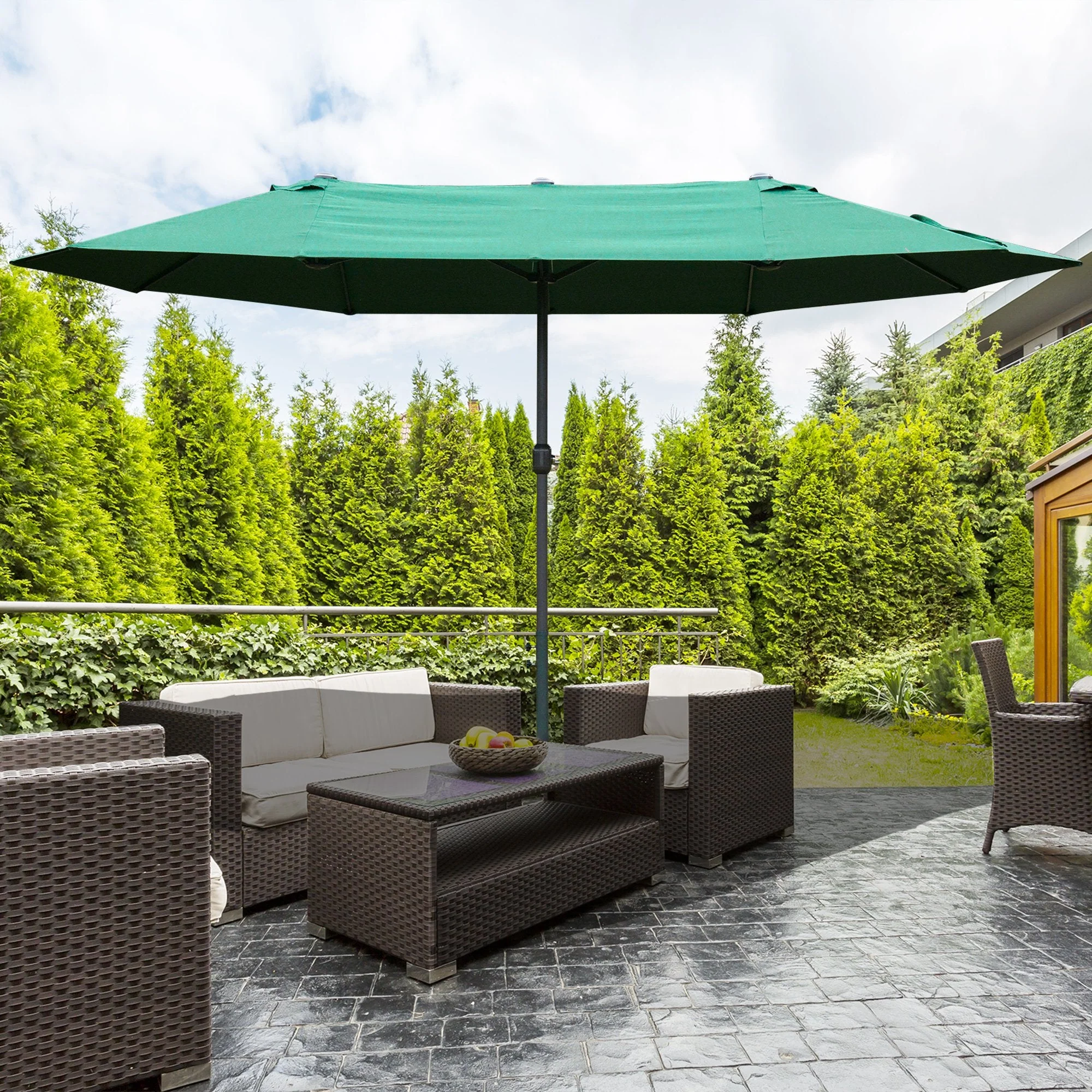 4.6M Sun Umbrella Canopy Double-sided Crank Sun Shade w/ Cross Base Dark Green - Image 2
