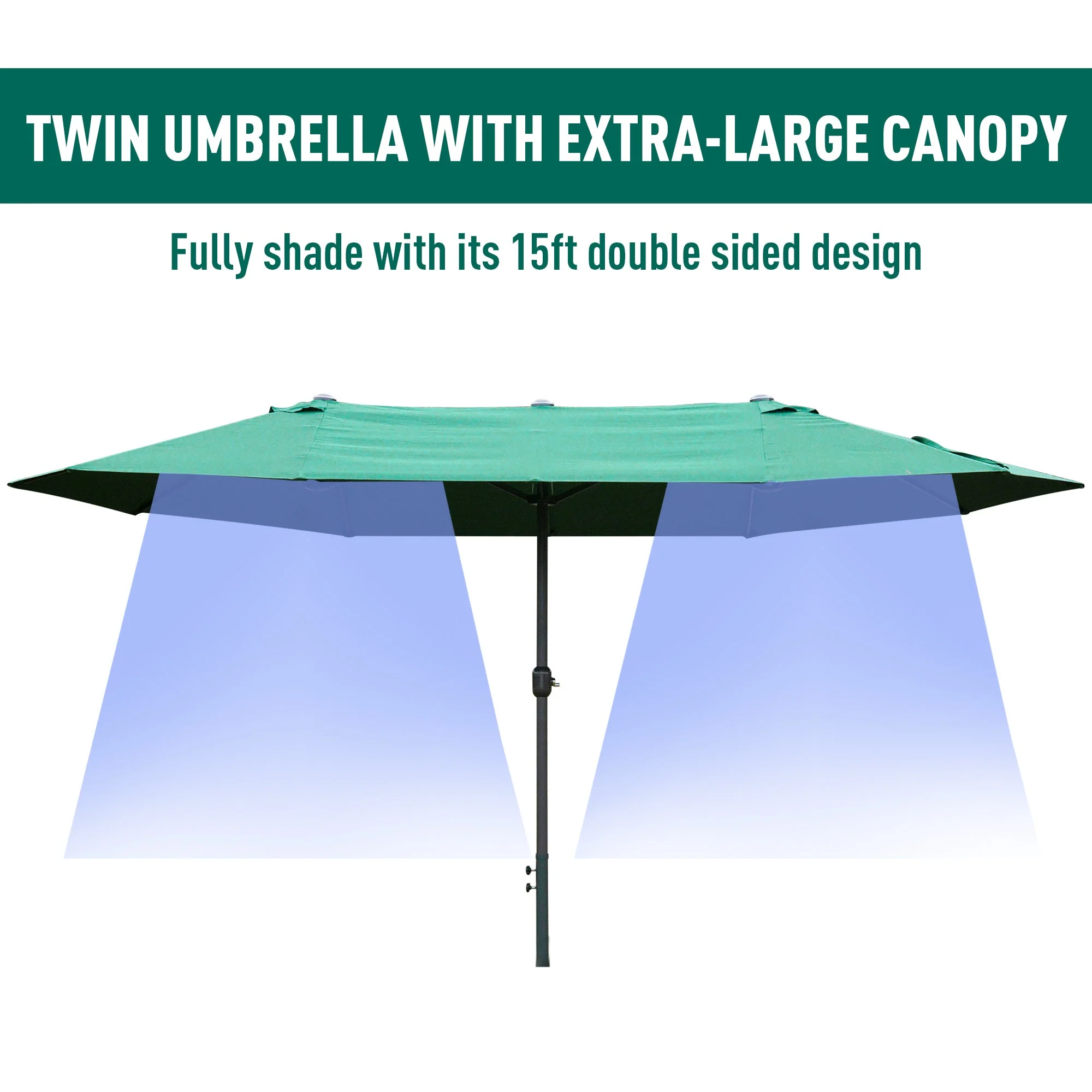 4.6M Sun Umbrella Canopy Double-sided Crank Sun Shade w/ Cross Base Dark Green - Image 4