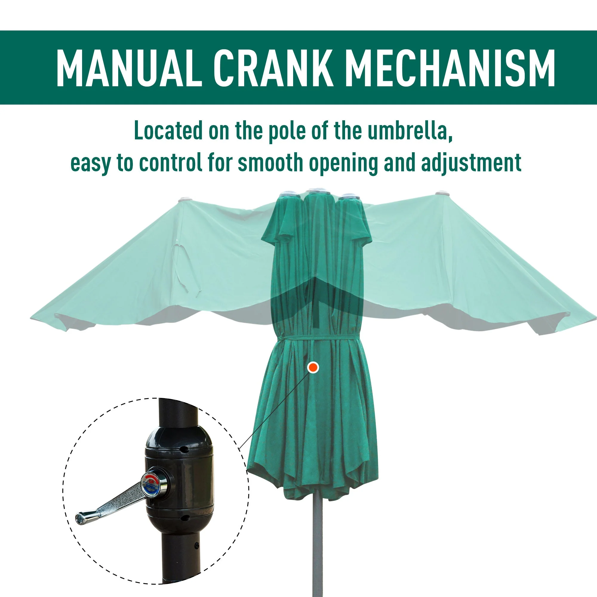 4.6M Sun Umbrella Canopy Double-sided Crank Sun Shade w/ Cross Base Dark Green - Image 5