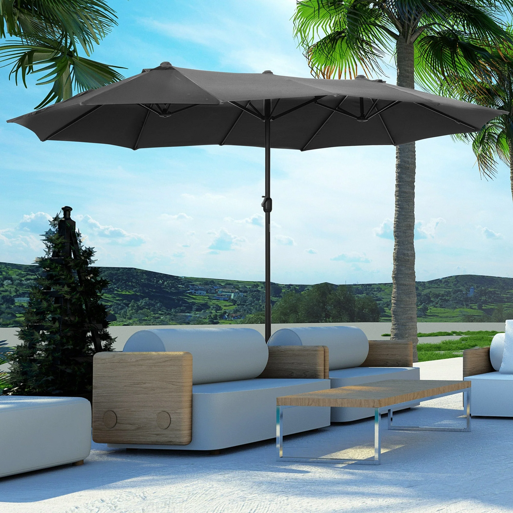 4.6M Sun Umbrella Canopy Double-sided Crank Sun Shade w/ Cross Base Grey - Image 2