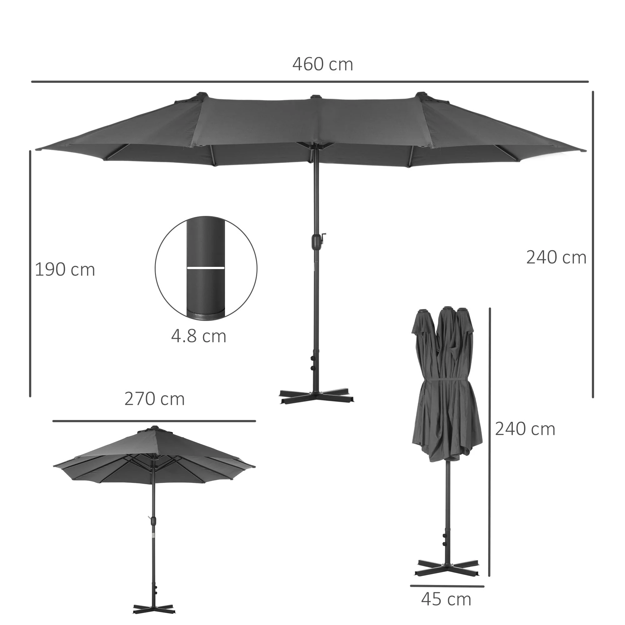 4.6M Sun Umbrella Canopy Double-sided Crank Sun Shade w/ Cross Base Grey - Image 3