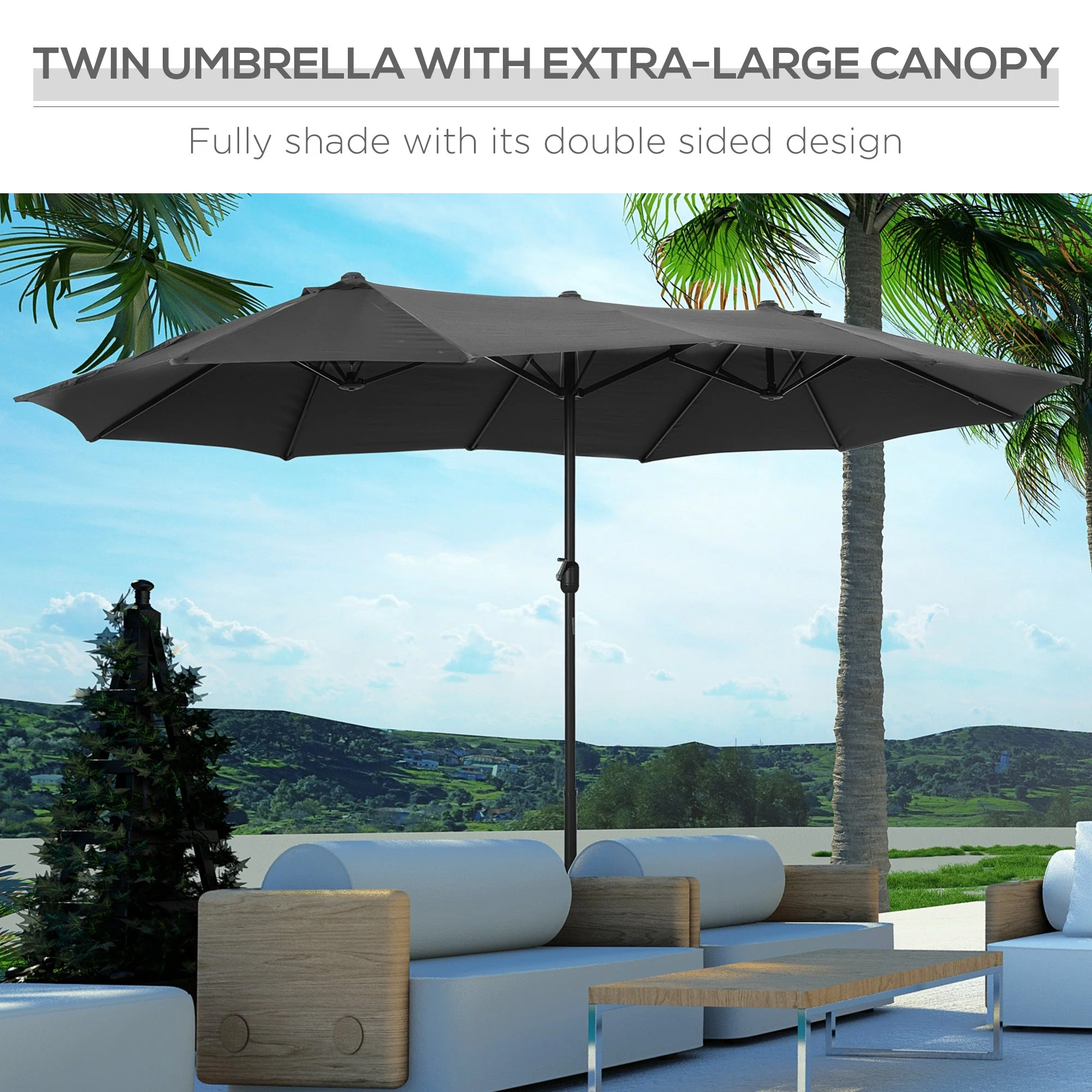 4.6M Sun Umbrella Canopy Double-sided Crank Sun Shade w/ Cross Base Grey - Image 4