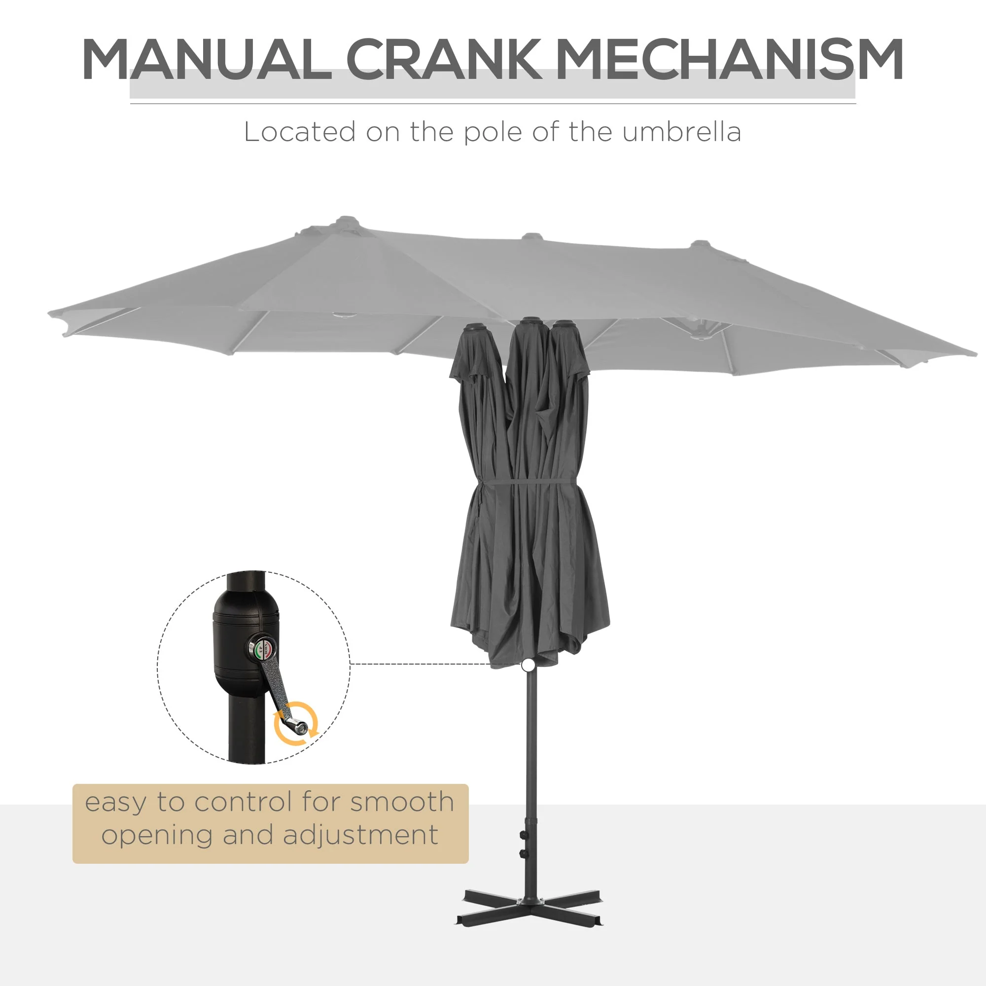 4.6M Sun Umbrella Canopy Double-sided Crank Sun Shade w/ Cross Base Grey - Image 5