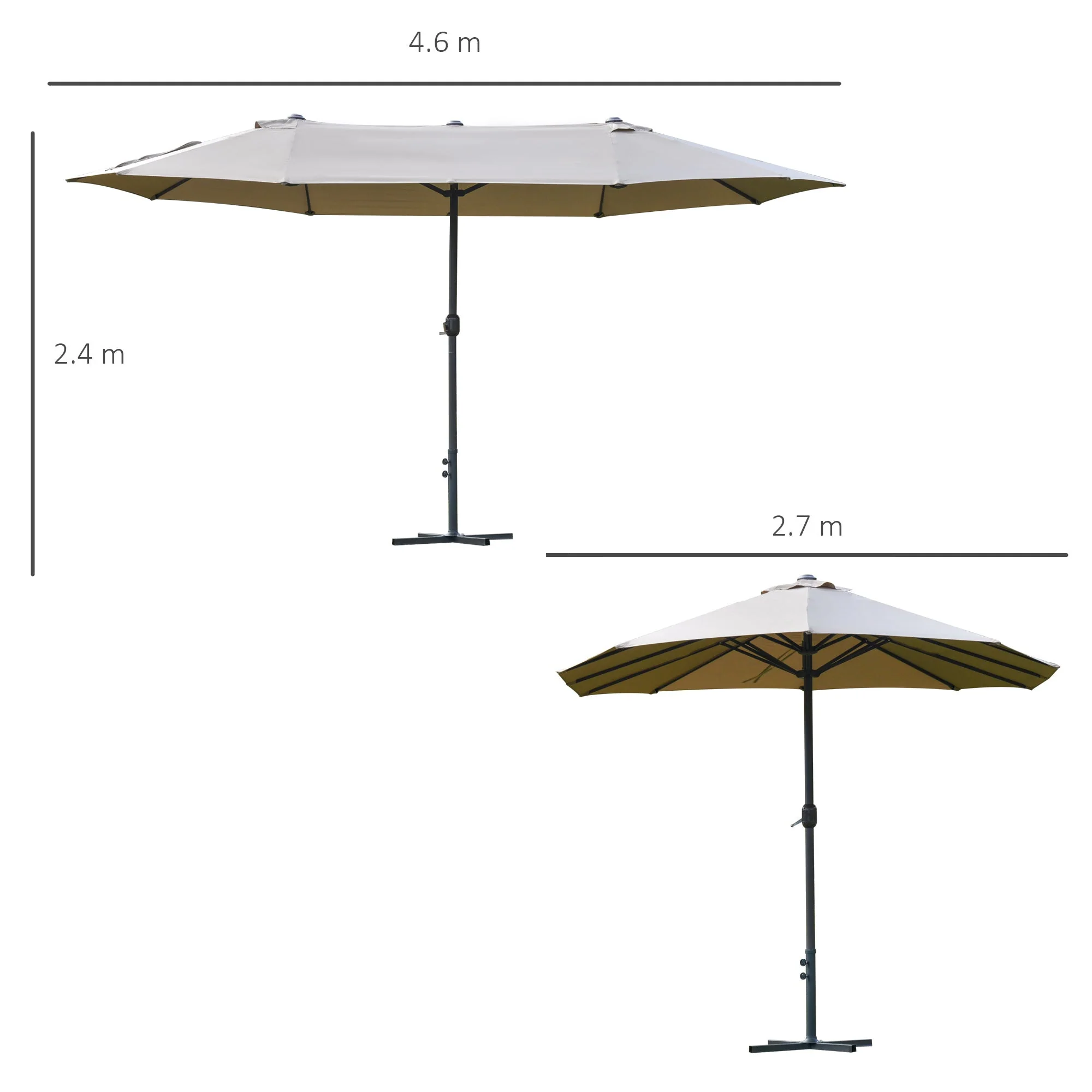 4.6M Sun Umbrella Canopy Double-sided Crank Sun Shade w/ Cross Base Khaki - Image 3