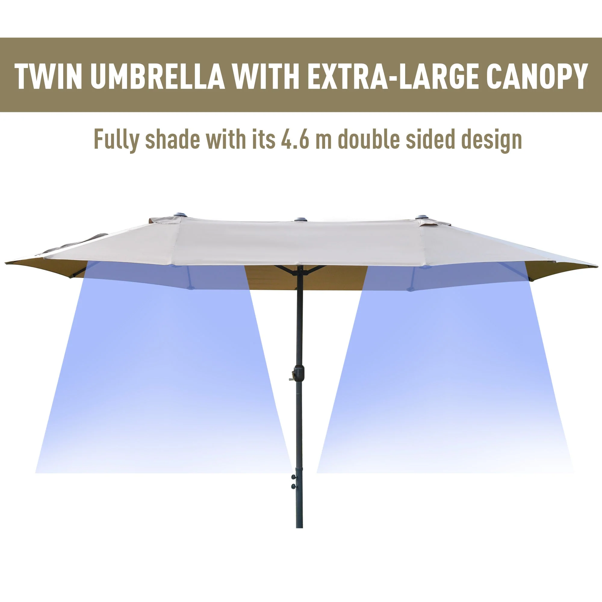 4.6M Sun Umbrella Canopy Double-sided Crank Sun Shade w/ Cross Base Khaki - Image 4