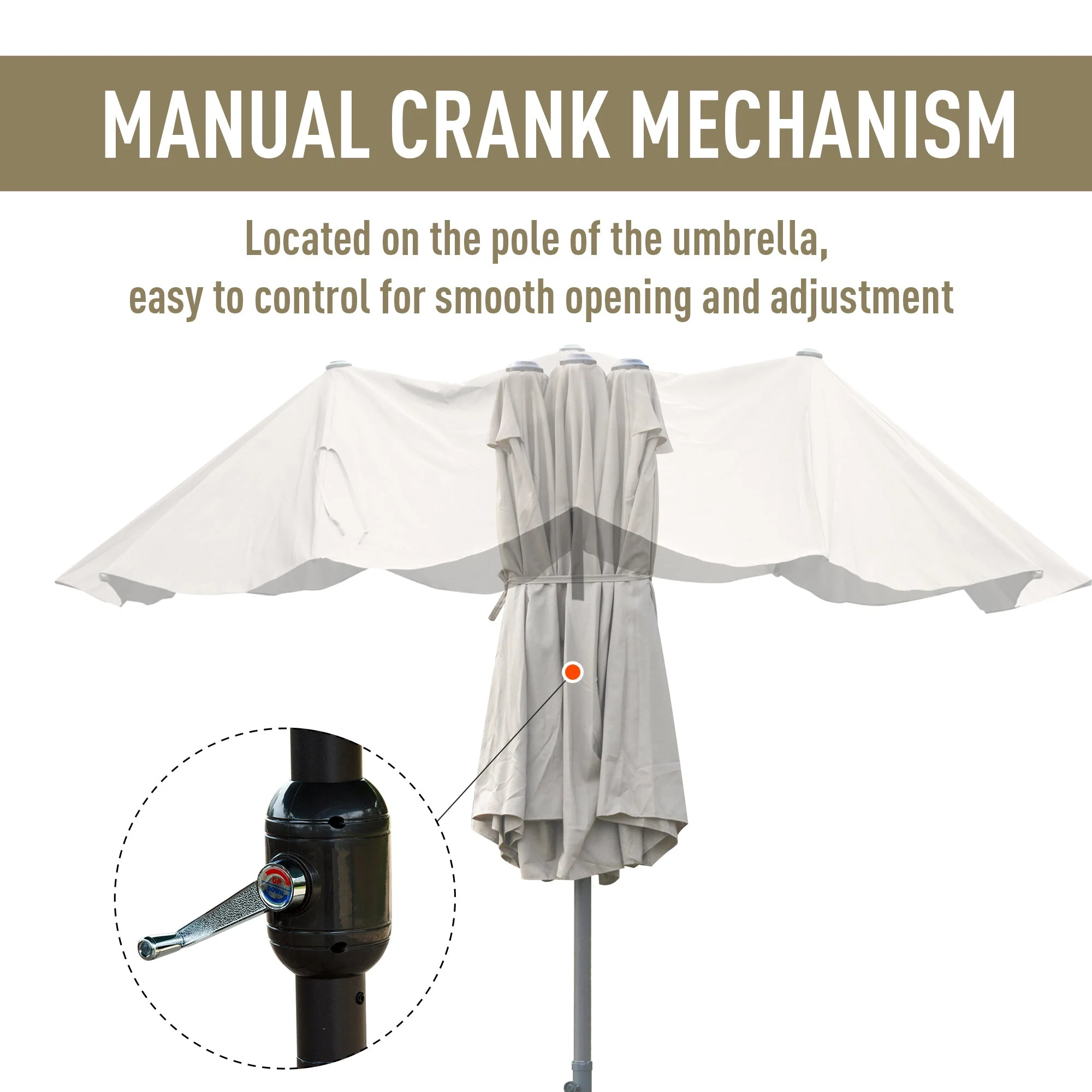 4.6M Sun Umbrella Canopy Double-sided Crank Sun Shade w/ Cross Base Khaki - Image 5