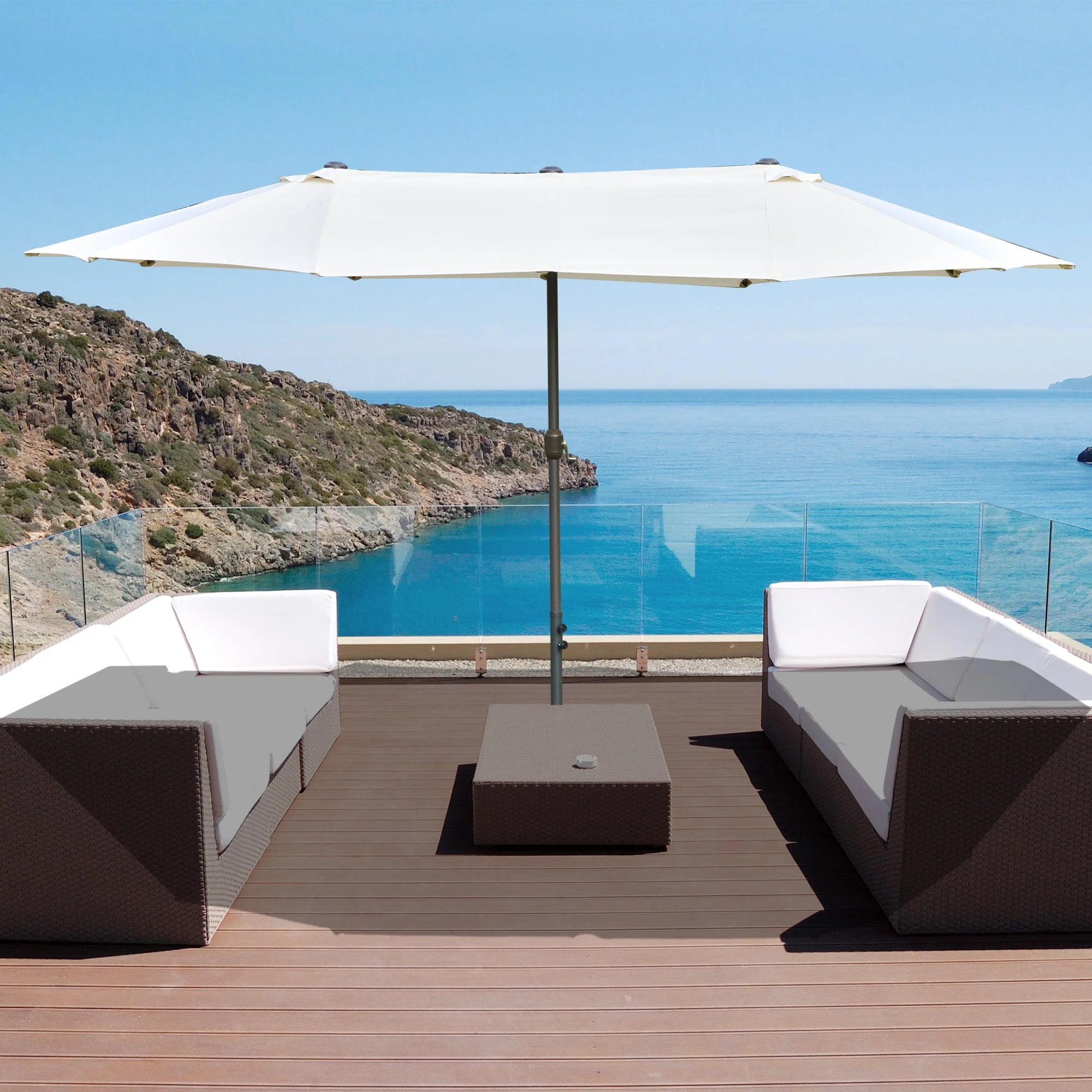 4.6M Sun Umbrella Canopy Double-sided Crank Sun Shade w/ Cross Base Off White - Image 2