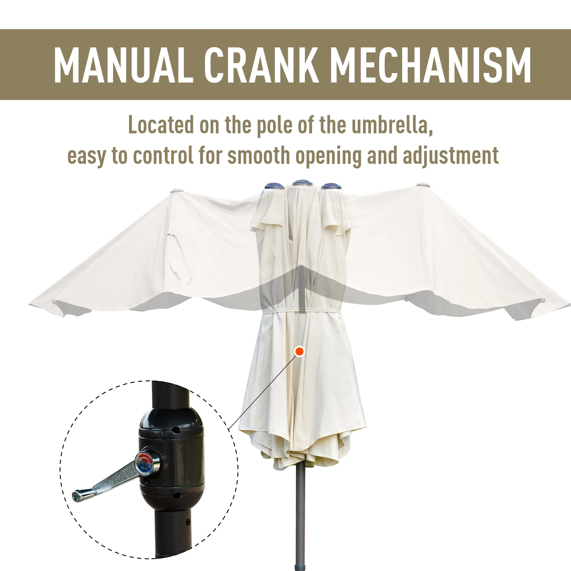 4.6M Sun Umbrella Canopy Double-sided Crank Sun Shade w/ Cross Base Off White - Image 5
