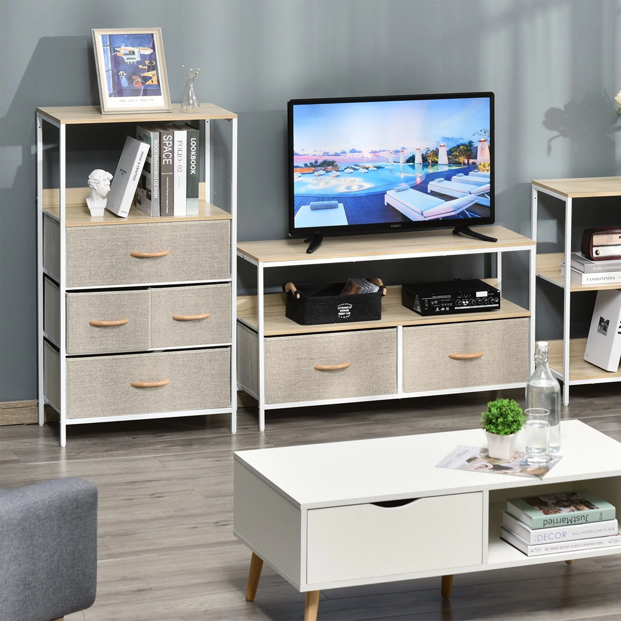 4 Drawer Storage Chest Unit Home Cabinet w/ Shelves Home Living Room Bedroom Entryway Living Furniture White - Image 2