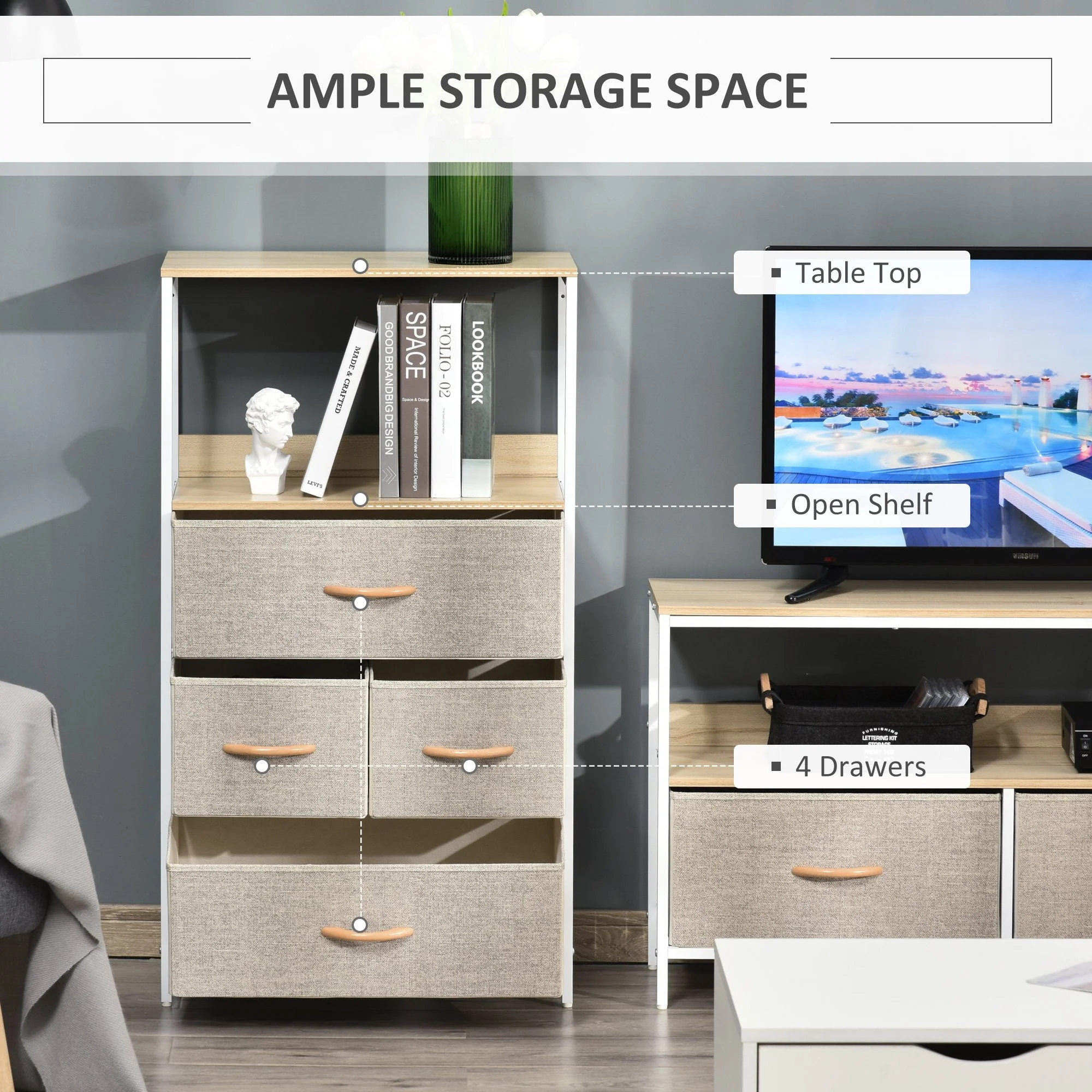 4 Drawer Storage Chest Unit Home Cabinet w/ Shelves Home Living Room Bedroom Entryway Living Furniture White - Image 4
