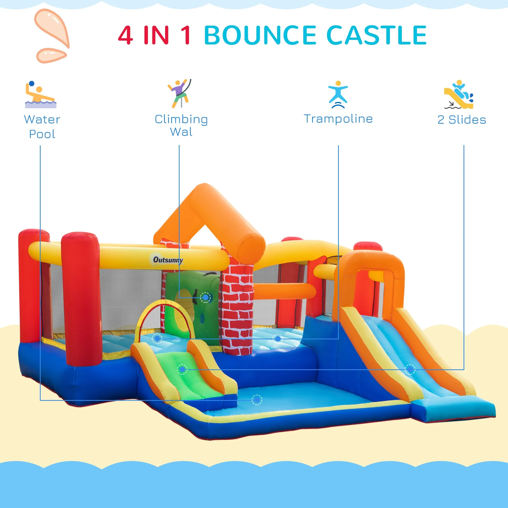 4 in 1 Kids Bouncy Castle Extra Large Double Slides & Trampoline Design Inflatable House Pool Climbing Wall with Blower Carrybag for Kids Age 3-8 - Image 4