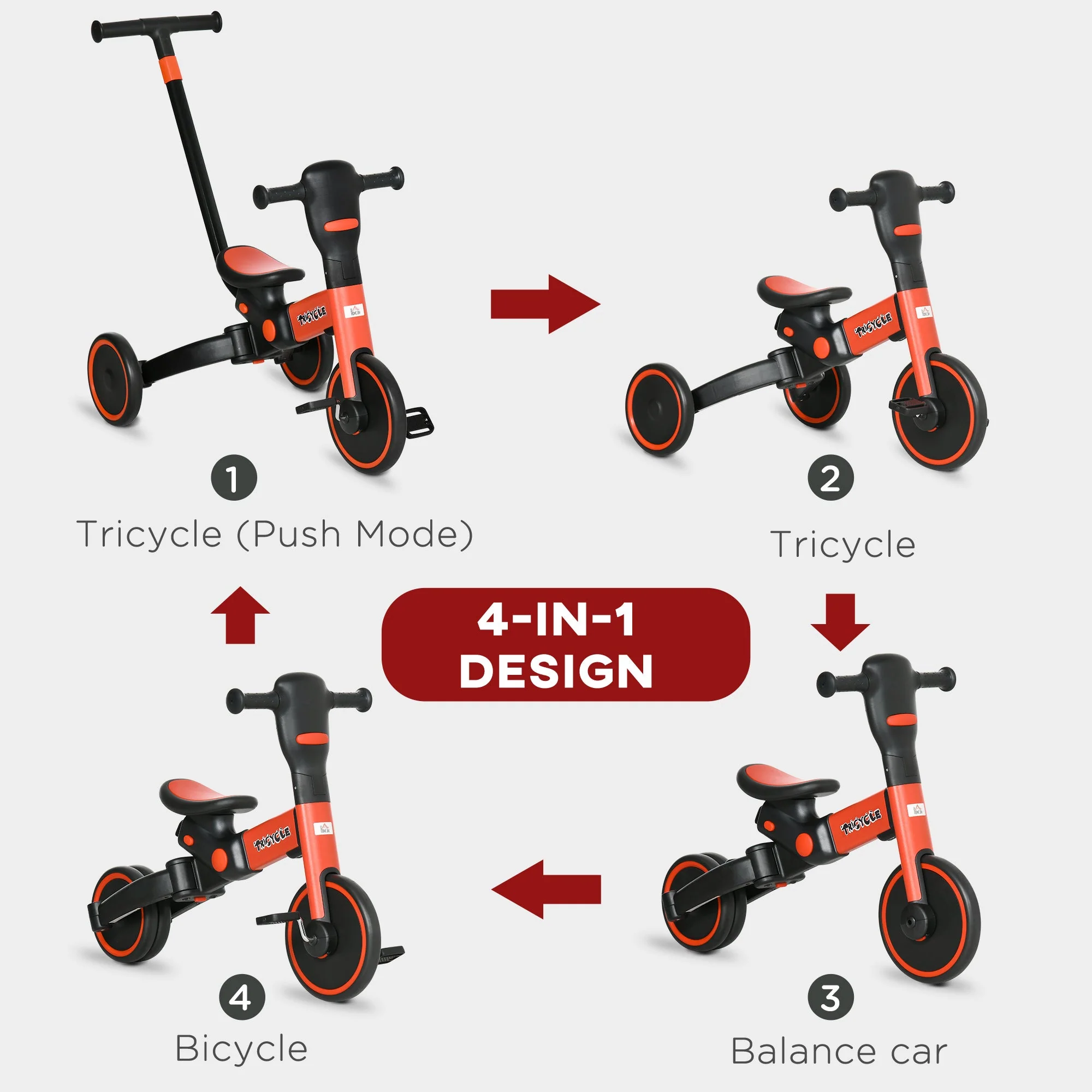 4-In-1 Tricycle For Kids Baby Trike With Adjustable Push Handle Detachable Foot Rest For 18-60 Months Red - Image 4
