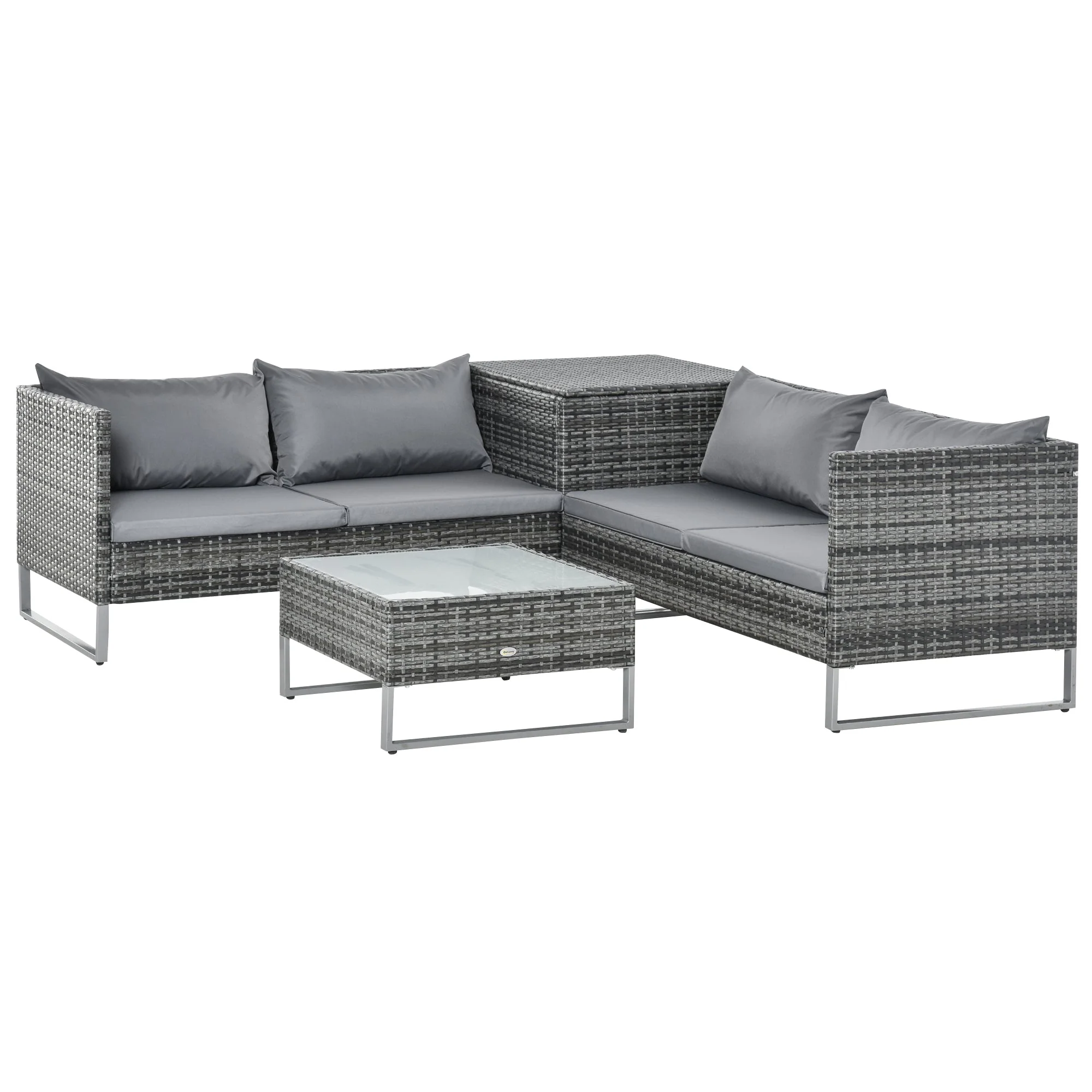 4-Piece Garden Rattan Wicker Outdoor Furniture Patio Corner Sofa Love Seat and Table Set with Cushions Side Desk Storage - Mixed Grey - Image 2