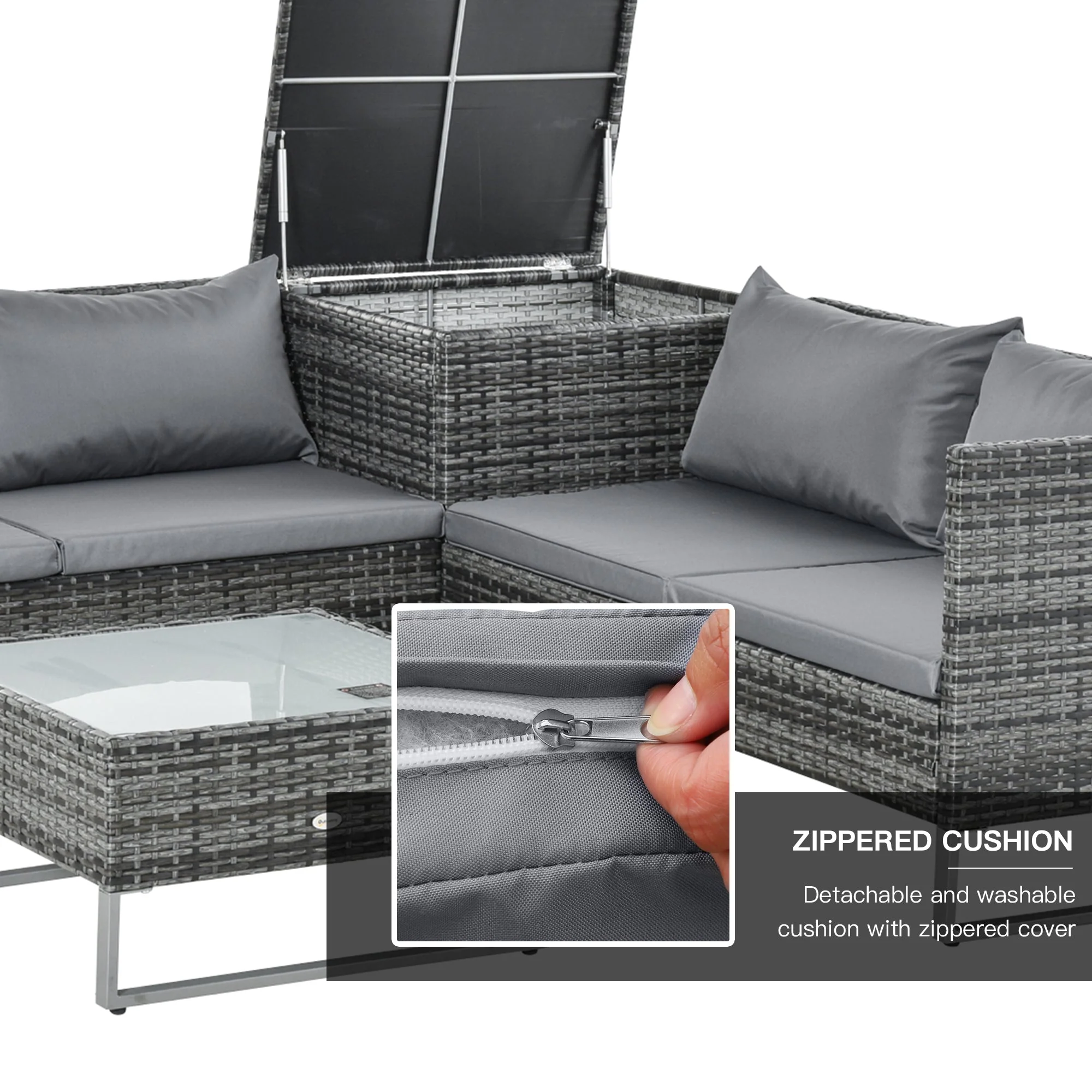 4-Piece Garden Rattan Wicker Outdoor Furniture Patio Corner Sofa Love Seat and Table Set with Cushions Side Desk Storage - Mixed Grey - Image 6
