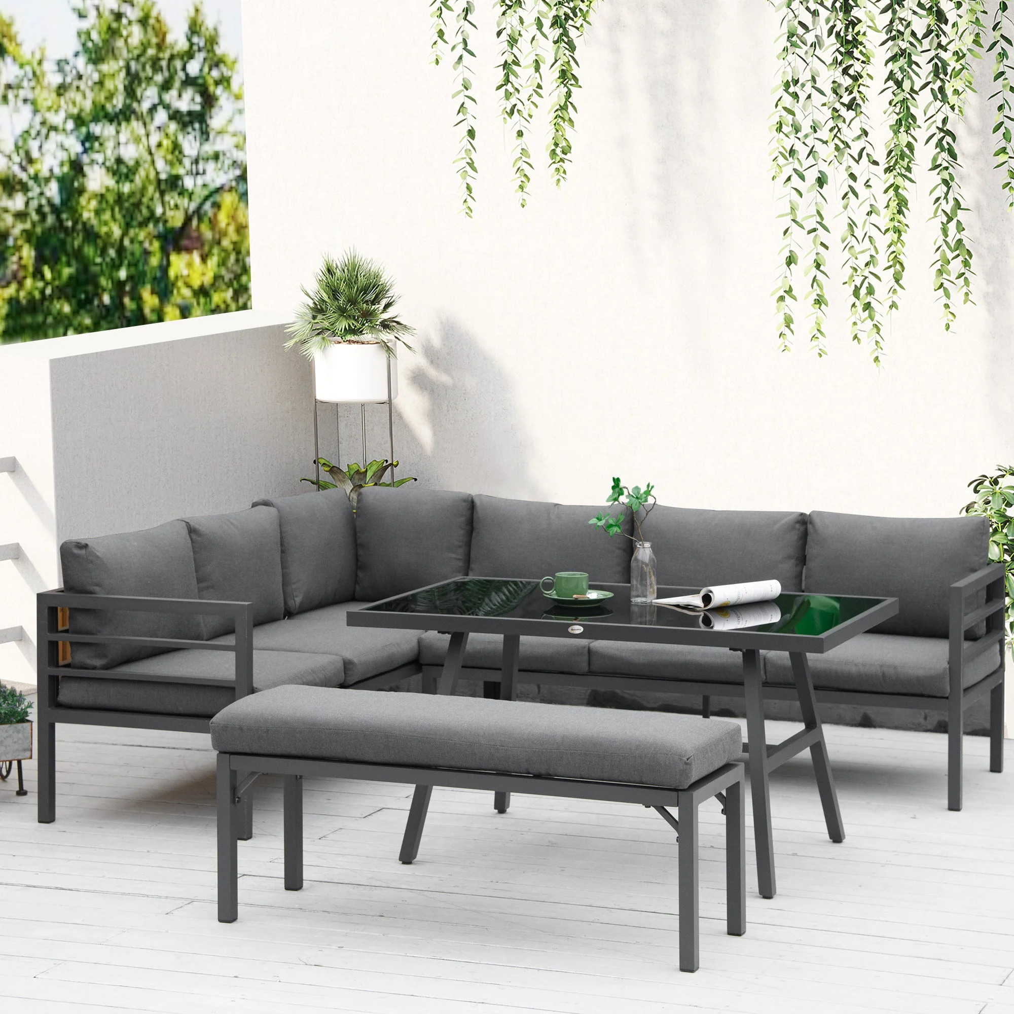4 Piece L-shaped Garden Furniture Set 8 Seater Aluminium Outdoor Dining Set Conversation Sofa Set w/ Bench - Image 2