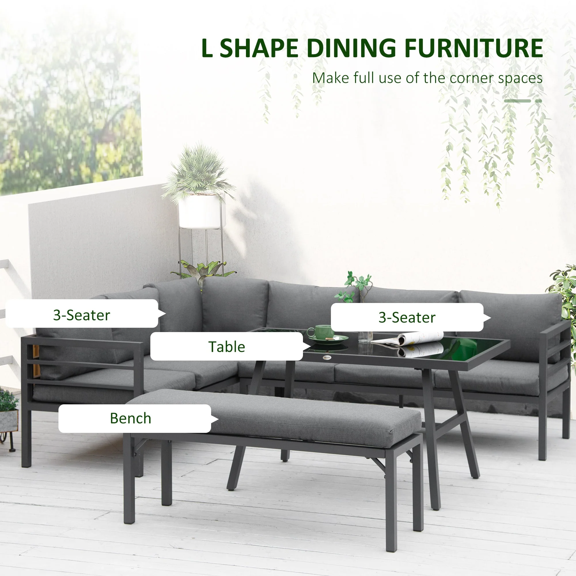 4 Piece L-shaped Garden Furniture Set 8 Seater Aluminium Outdoor Dining Set Conversation Sofa Set w/ Bench - Image 4