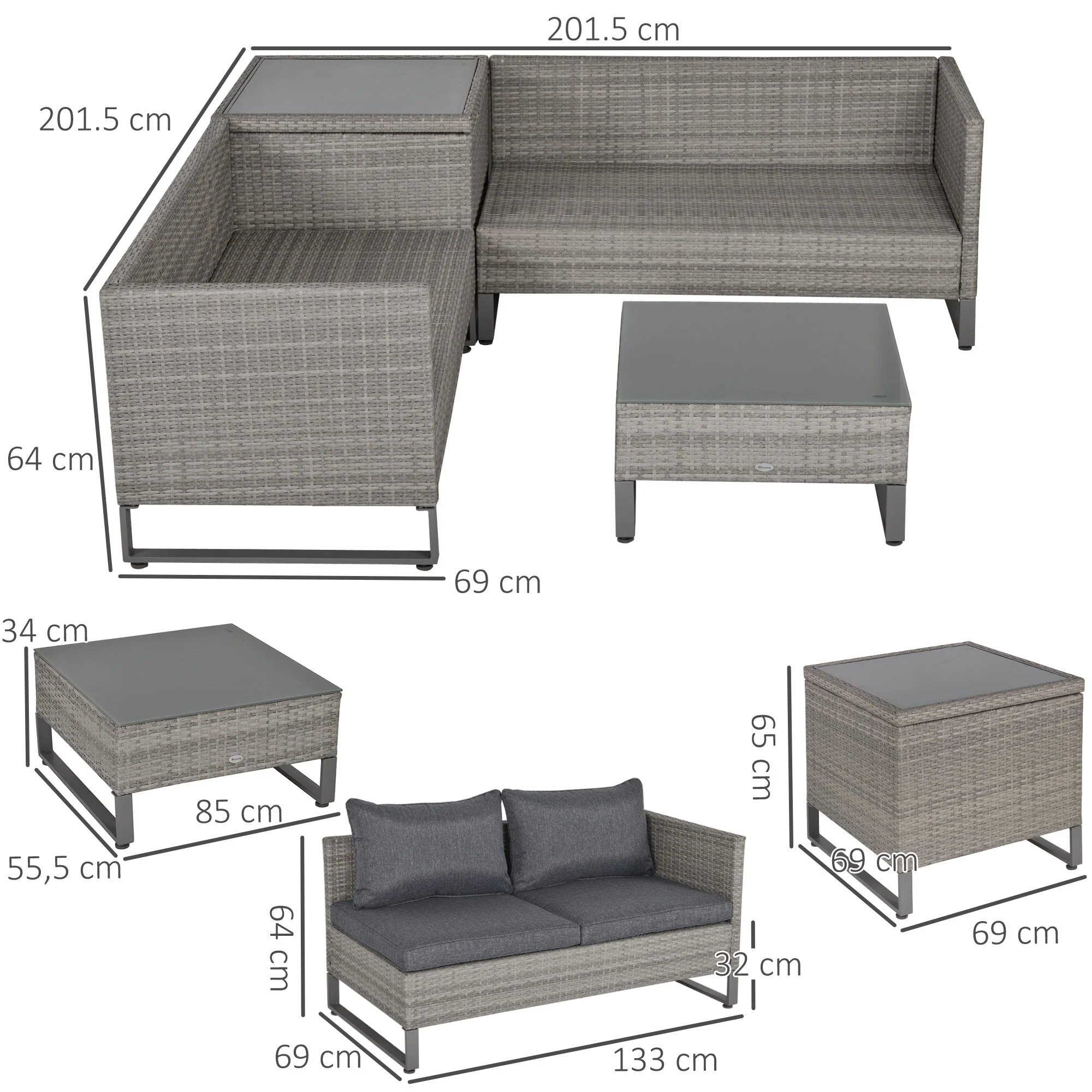4-Piece PE Rattan Wicker Sofa Set Outdoor Conservatory Furniture Lawn Patio Coffee Table w/ Side Storage Box & Cushion - Image 2