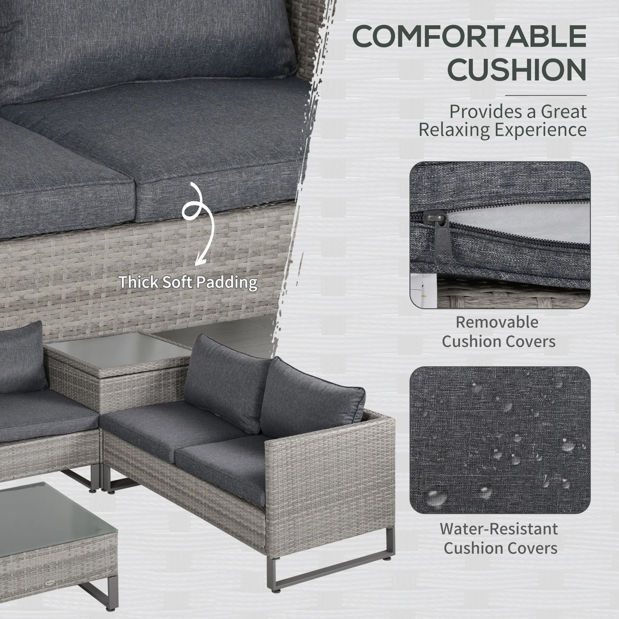 4-Piece PE Rattan Wicker Sofa Set Outdoor Conservatory Furniture Lawn Patio Coffee Table w/ Side Storage Box & Cushion - Image 5