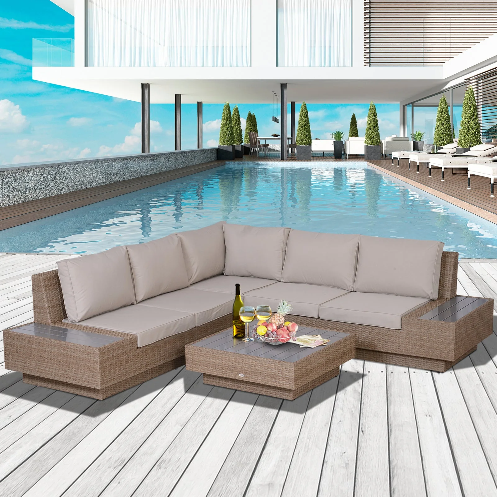 4-Piece Rattan Garden Furniture Outdoor Sectional Corner Sofa and Coffee Table Set Conservatory Wicker Weave Furniture with Armrest and Cushions - Beige - Image 2