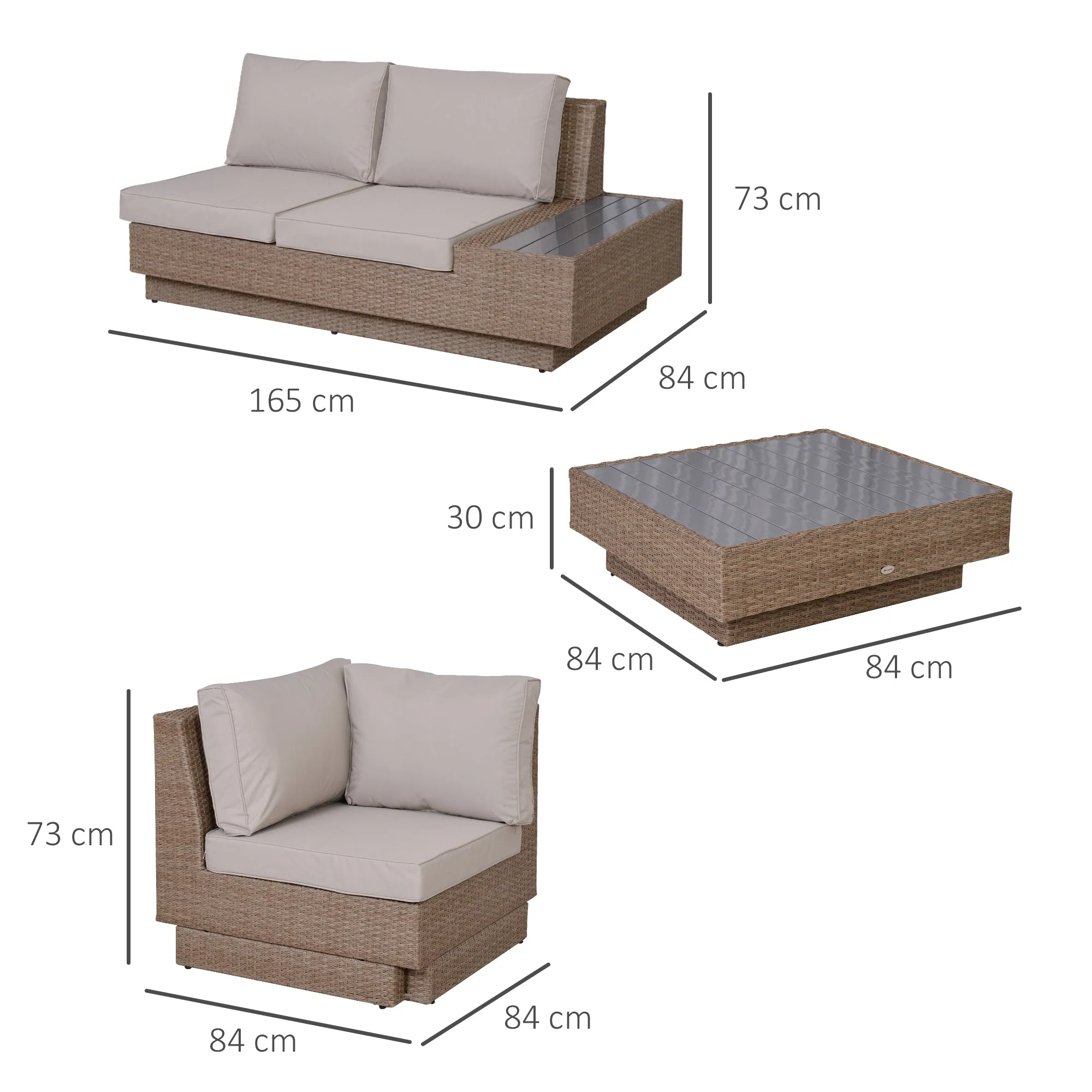 4-Piece Rattan Garden Furniture Outdoor Sectional Corner Sofa and Coffee Table Set Conservatory Wicker Weave Furniture with Armrest and Cushions - Beige - Image 3