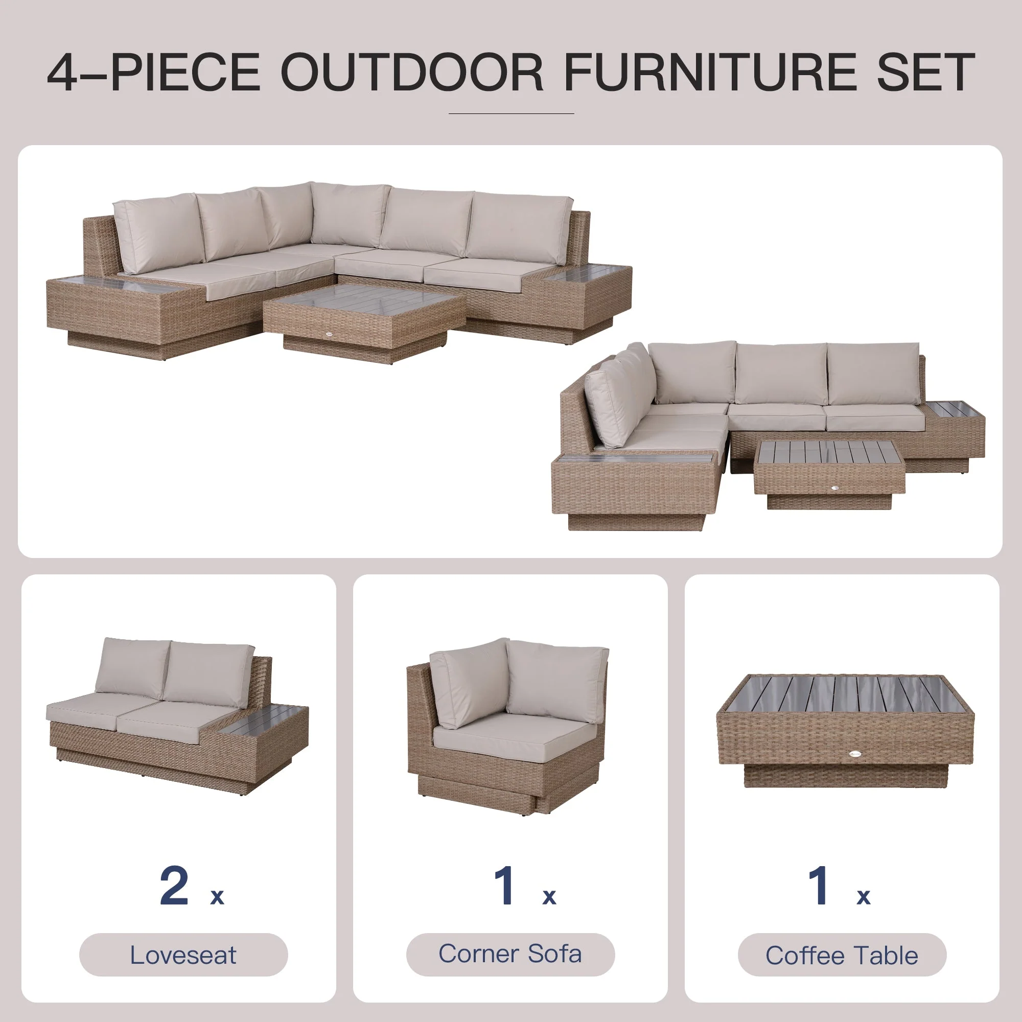 4-Piece Rattan Garden Furniture Outdoor Sectional Corner Sofa and Coffee Table Set Conservatory Wicker Weave Furniture with Armrest and Cushions - Beige - Image 4