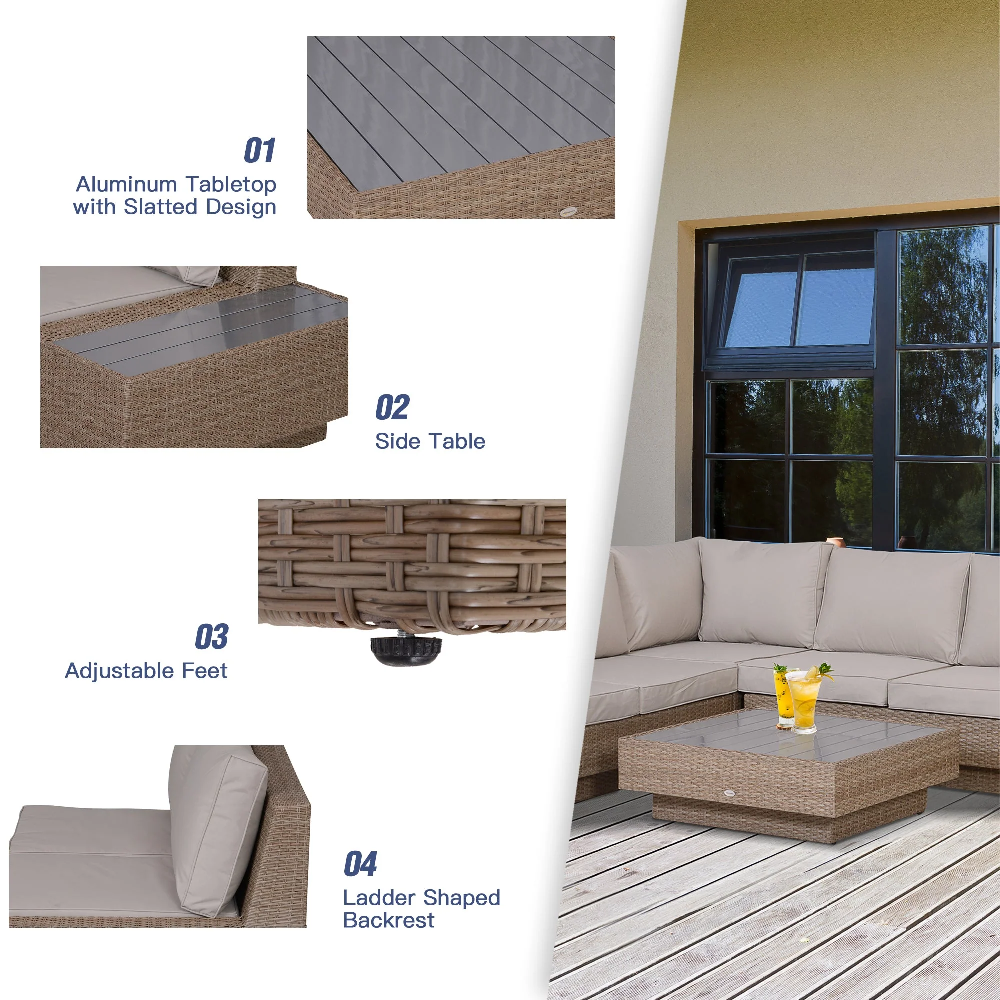 4-Piece Rattan Garden Furniture Outdoor Sectional Corner Sofa and Coffee Table Set Conservatory Wicker Weave Furniture with Armrest and Cushions - Beige - Image 6