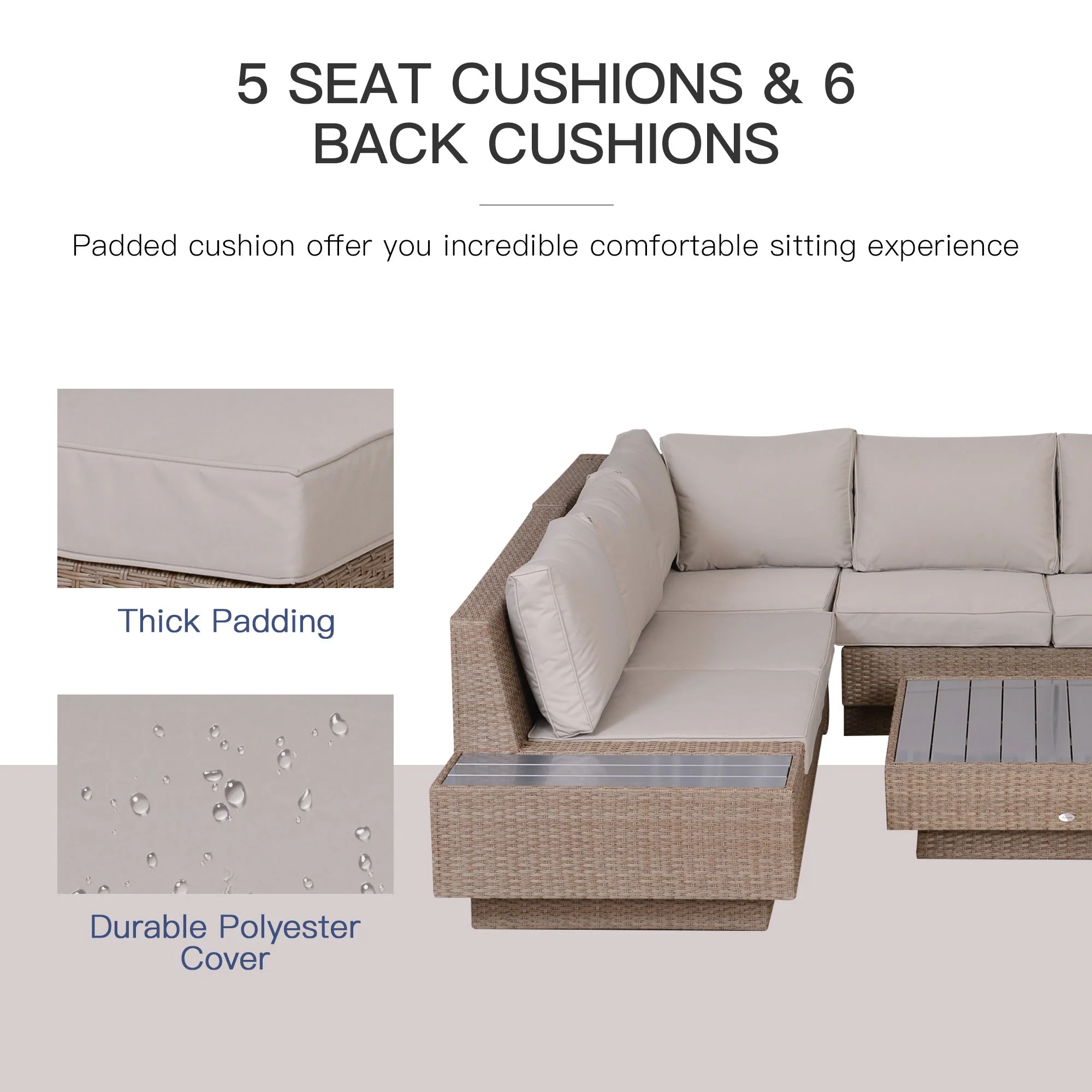 4-Piece Rattan Garden Furniture Outdoor Sectional Corner Sofa and Coffee Table Set Conservatory Wicker Weave Furniture with Armrest and Cushions - Beige - Image 7