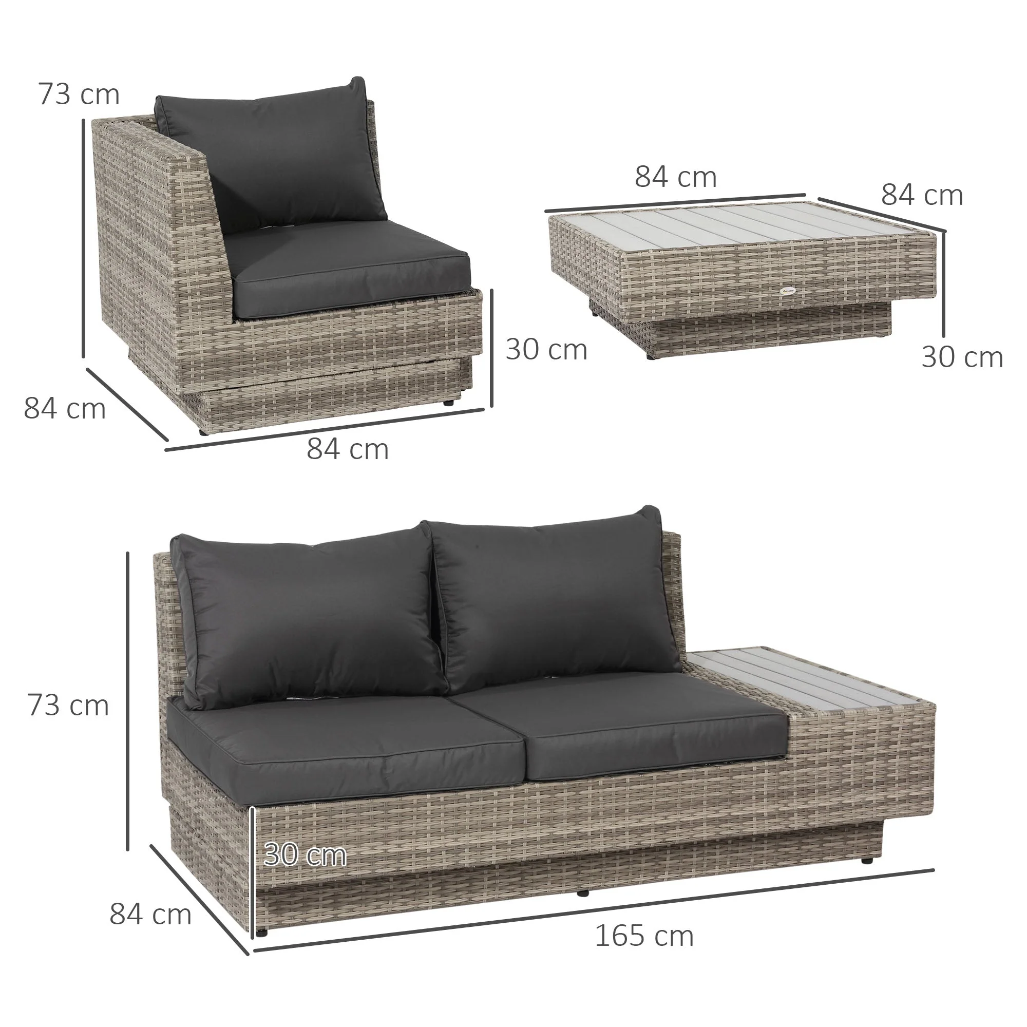 4-Piece Rattan Garden Furniture Outdoor Sectional Corner Sofa and Coffee Table Set Conservatory Wicker Weave Furniture with Armrest and Cushions - Light Grey - Image 2