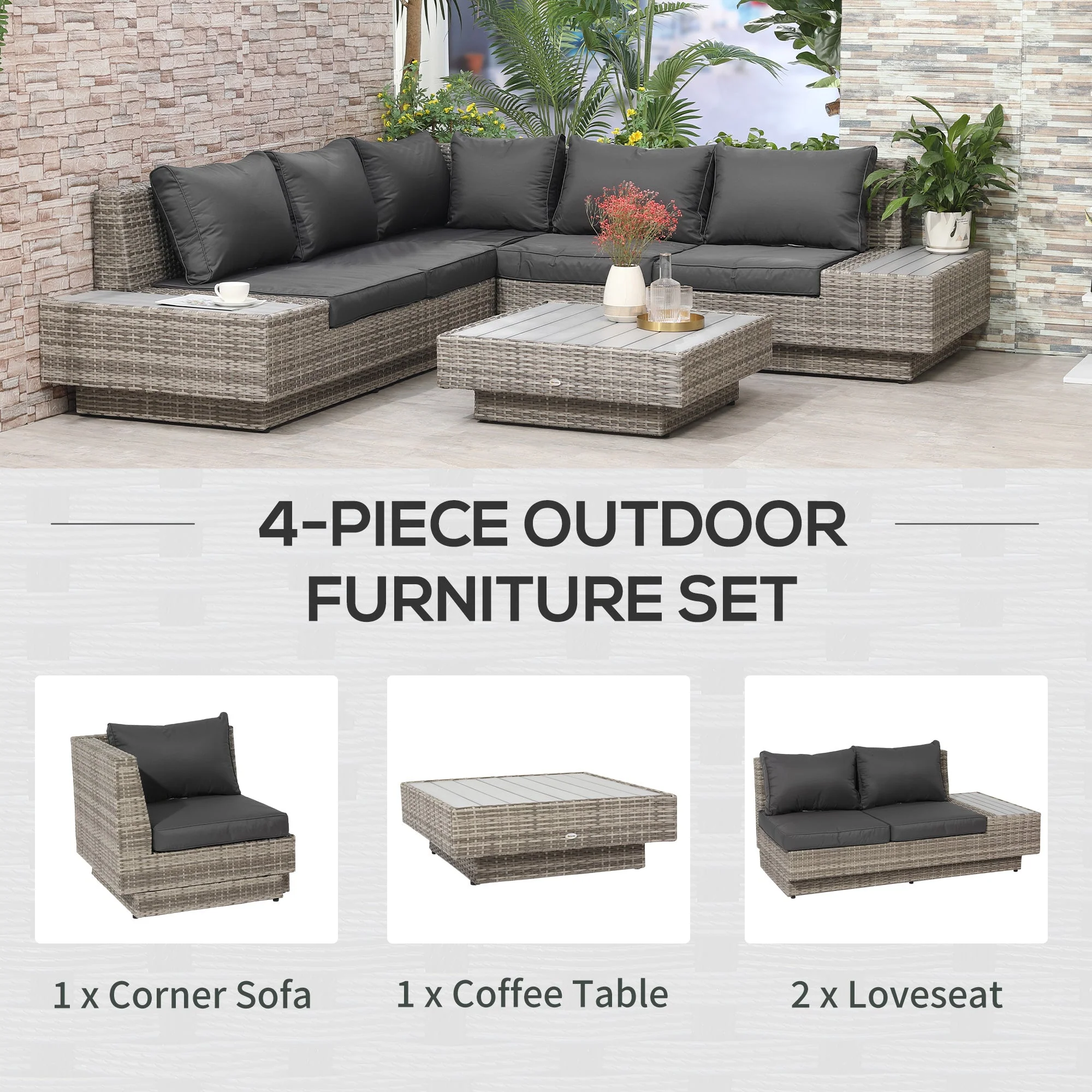 4-Piece Rattan Garden Furniture Outdoor Sectional Corner Sofa and Coffee Table Set Conservatory Wicker Weave Furniture with Armrest and Cushions - Light Grey - Image 4