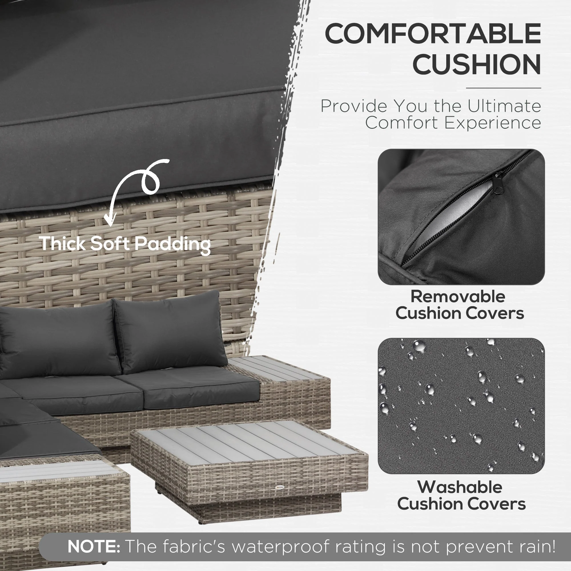 4-Piece Rattan Garden Furniture Outdoor Sectional Corner Sofa and Coffee Table Set Conservatory Wicker Weave Furniture with Armrest and Cushions - Light Grey - Image 5