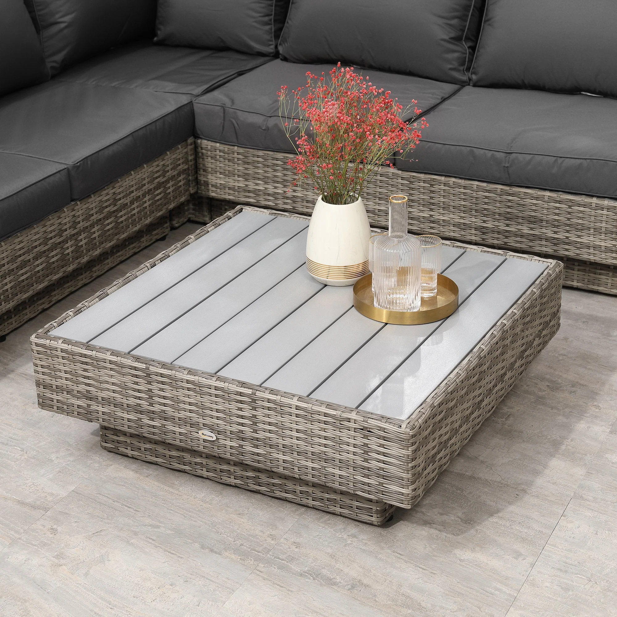 4-Piece Rattan Garden Furniture Outdoor Sectional Corner Sofa and Coffee Table Set Conservatory Wicker Weave Furniture with Armrest and Cushions - Light Grey - Image 8