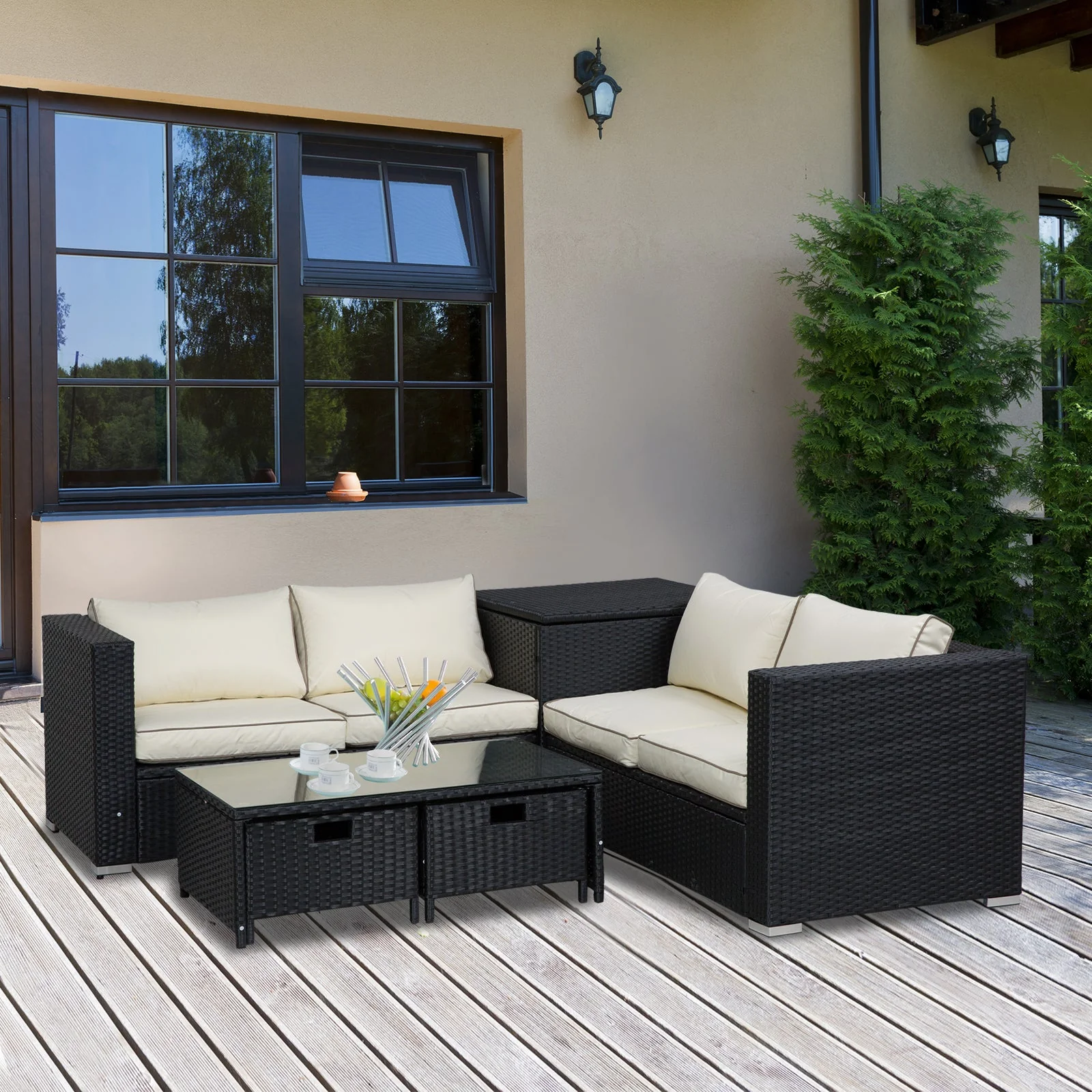 4-Piece Rattan Wicker Garden Furniture Patio Sofa Storage & Table Set w/ 2 Drawers Coffee Table - Image 2