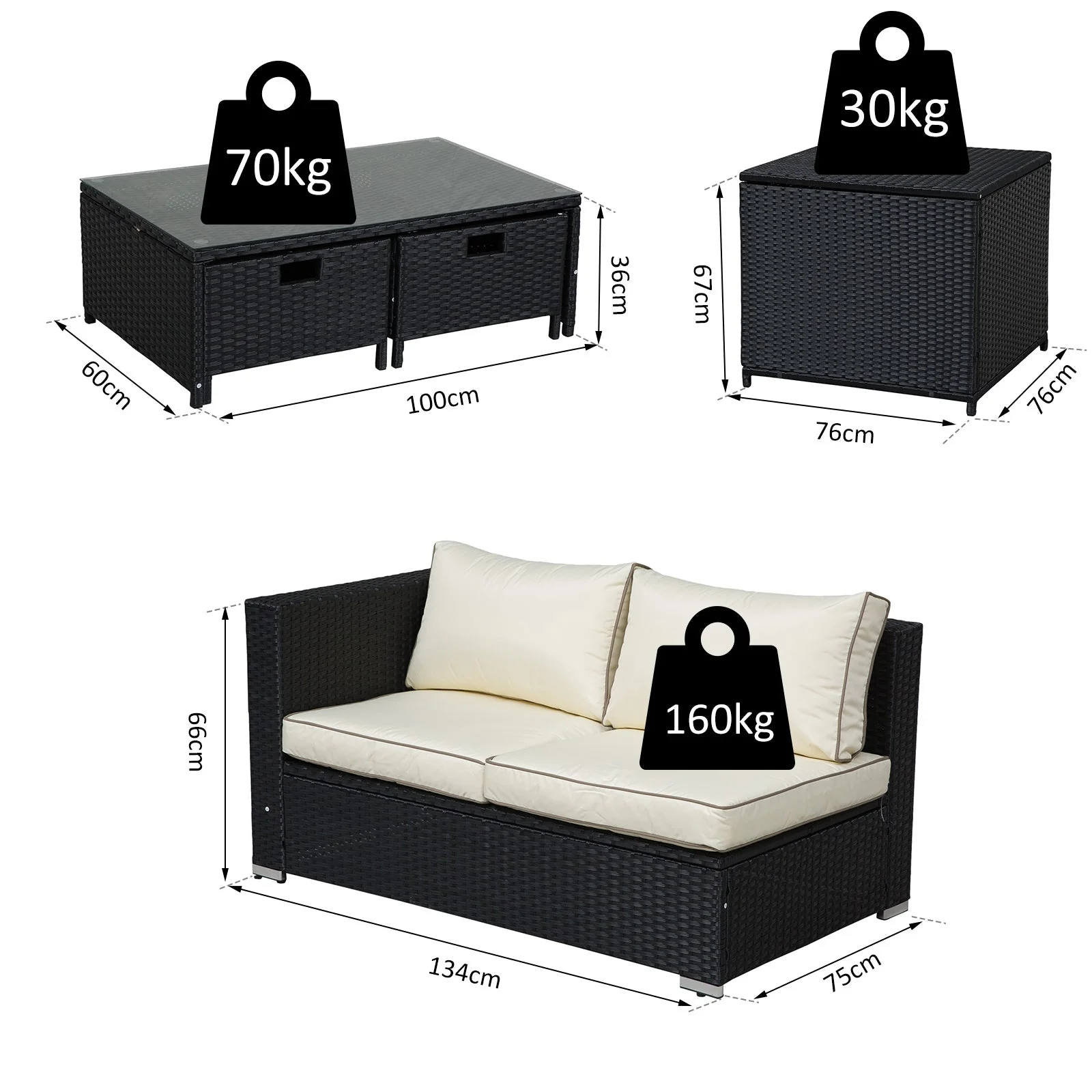 4-Piece Rattan Wicker Garden Furniture Patio Sofa Storage & Table Set w/ 2 Drawers Coffee Table - Image 3