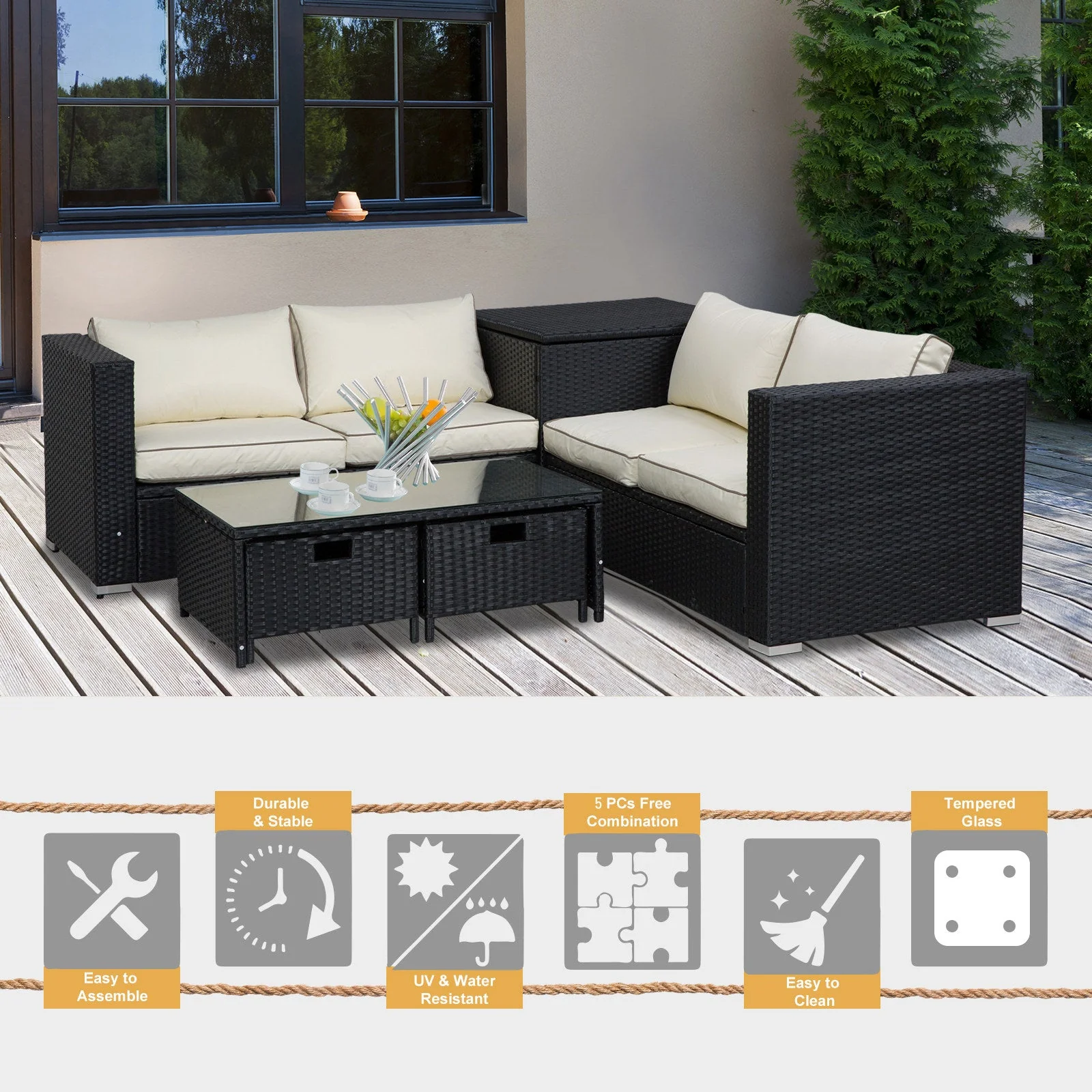 4-Piece Rattan Wicker Garden Furniture Patio Sofa Storage & Table Set w/ 2 Drawers Coffee Table - Image 4