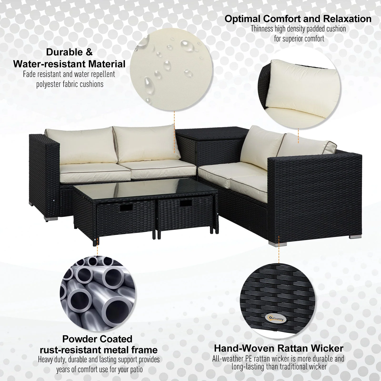 4-Piece Rattan Wicker Garden Furniture Patio Sofa Storage & Table Set w/ 2 Drawers Coffee Table - Image 6