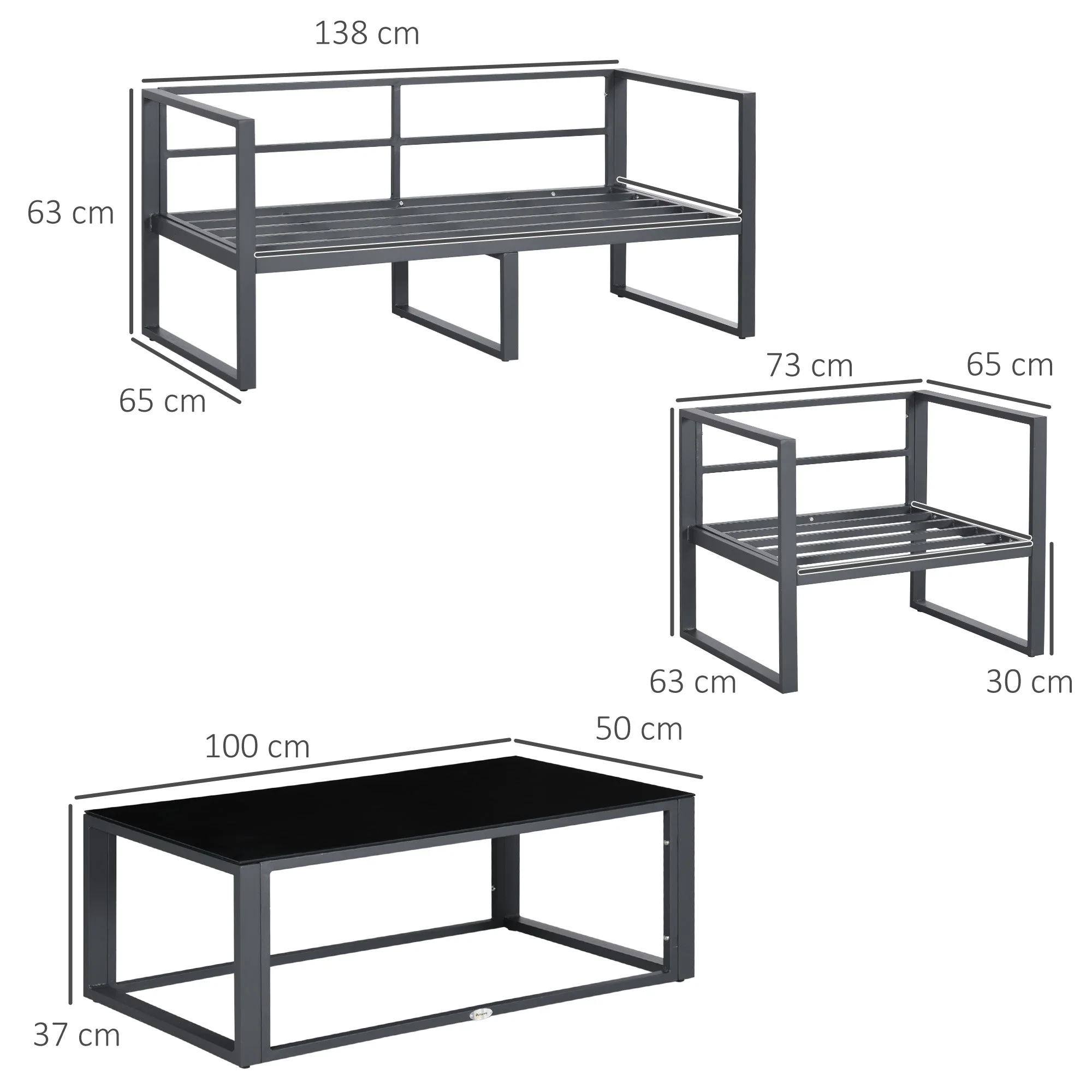 4-Pieces Garden Sofa Set 2 Single Armchair 1 Bench & Side Table Set Aluminium Frame Patio Furniture with Cushions Grey - Image 2