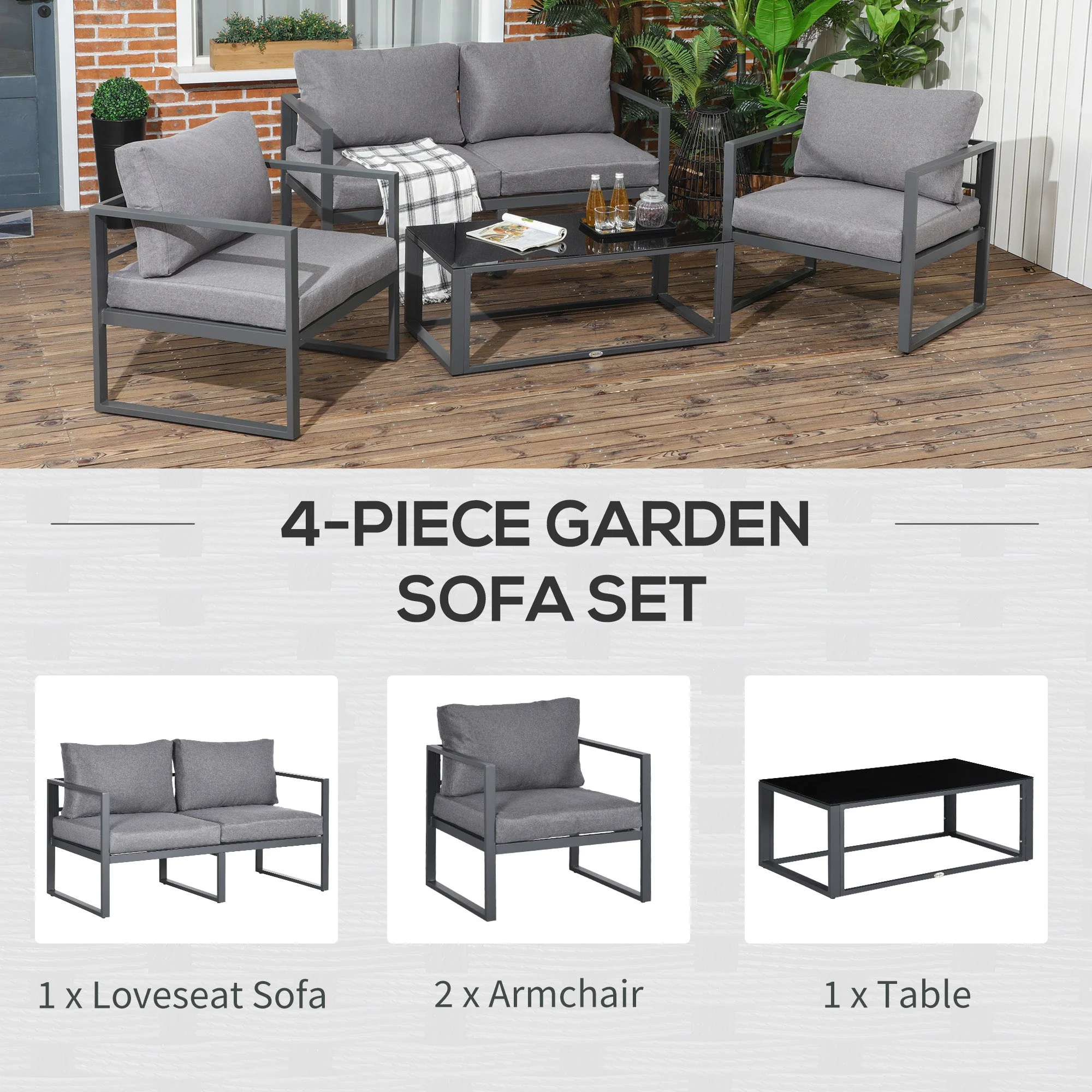 4-Pieces Garden Sofa Set 2 Single Armchair 1 Bench & Side Table Set Aluminium Frame Patio Furniture with Cushions Grey - Image 3