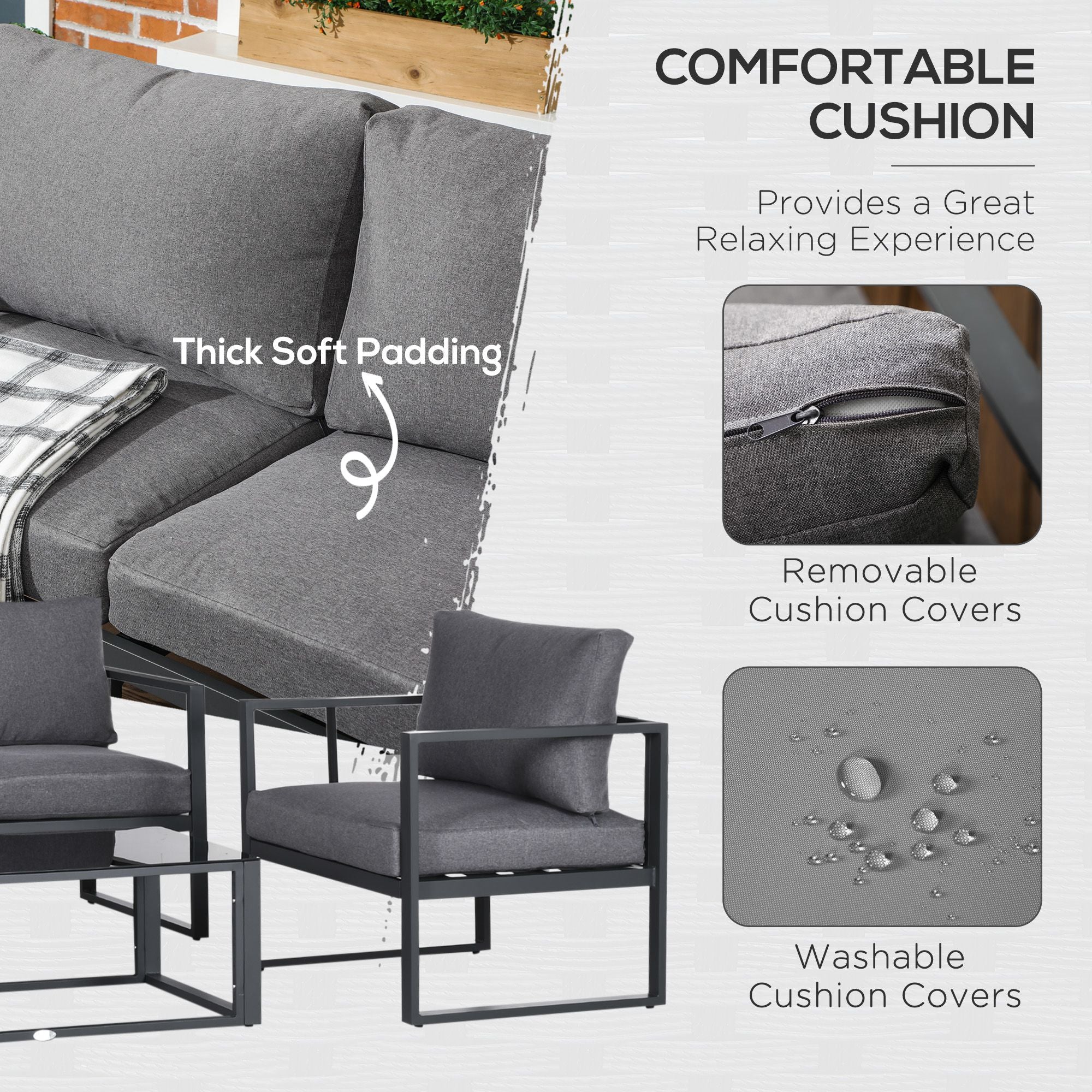 4-Pieces Garden Sofa Set 2 Single Armchair 1 Bench & Side Table Set Aluminium Frame Patio Furniture with Cushions Grey - Image 4