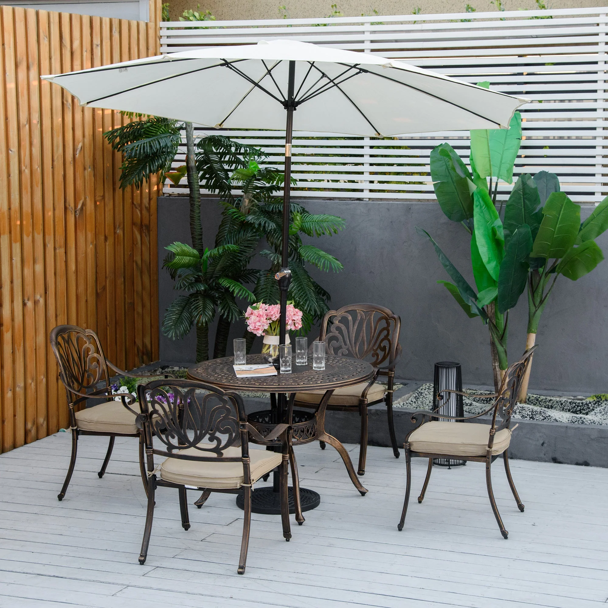 4 Seater Outdoor Dining Set Antique Cast Aluminium Garden Furniture Set with Cushions Round Dining Table with Parasol Hole - Image 2