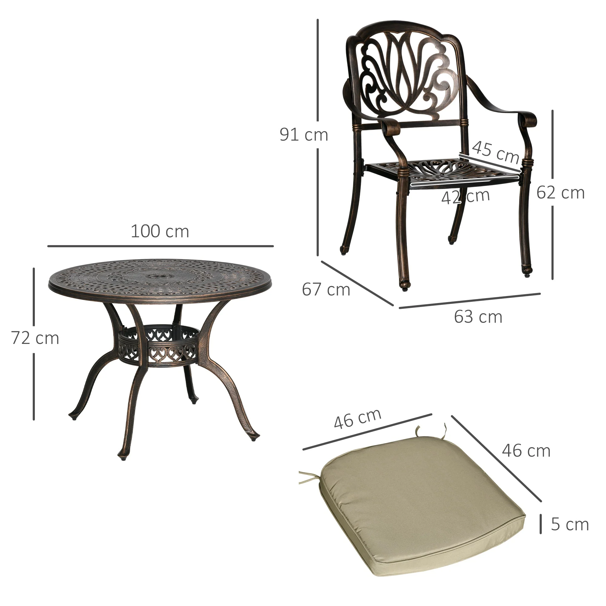 4 Seater Outdoor Dining Set Antique Cast Aluminium Garden Furniture Set with Cushions Round Dining Table with Parasol Hole - Image 3