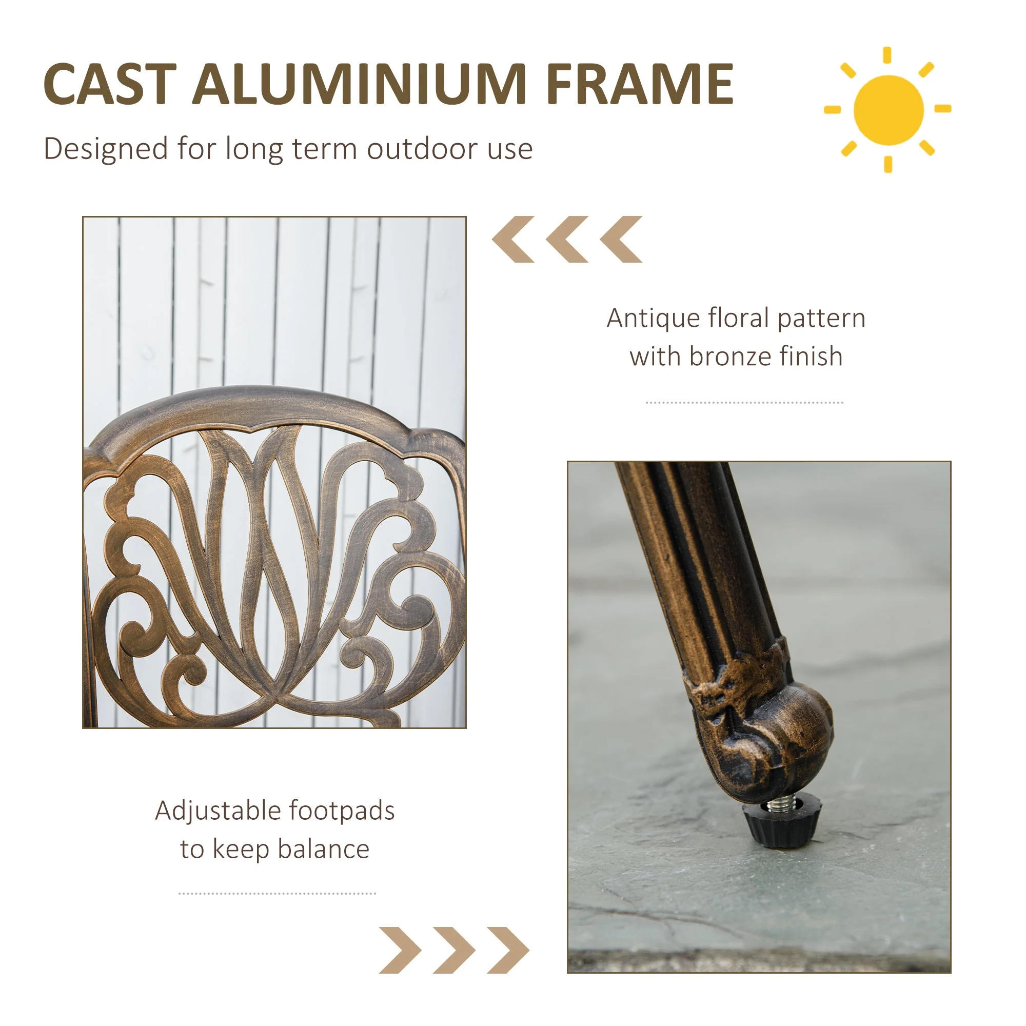 4 Seater Outdoor Dining Set Antique Cast Aluminium Garden Furniture Set with Cushions Round Dining Table with Parasol Hole - Image 6