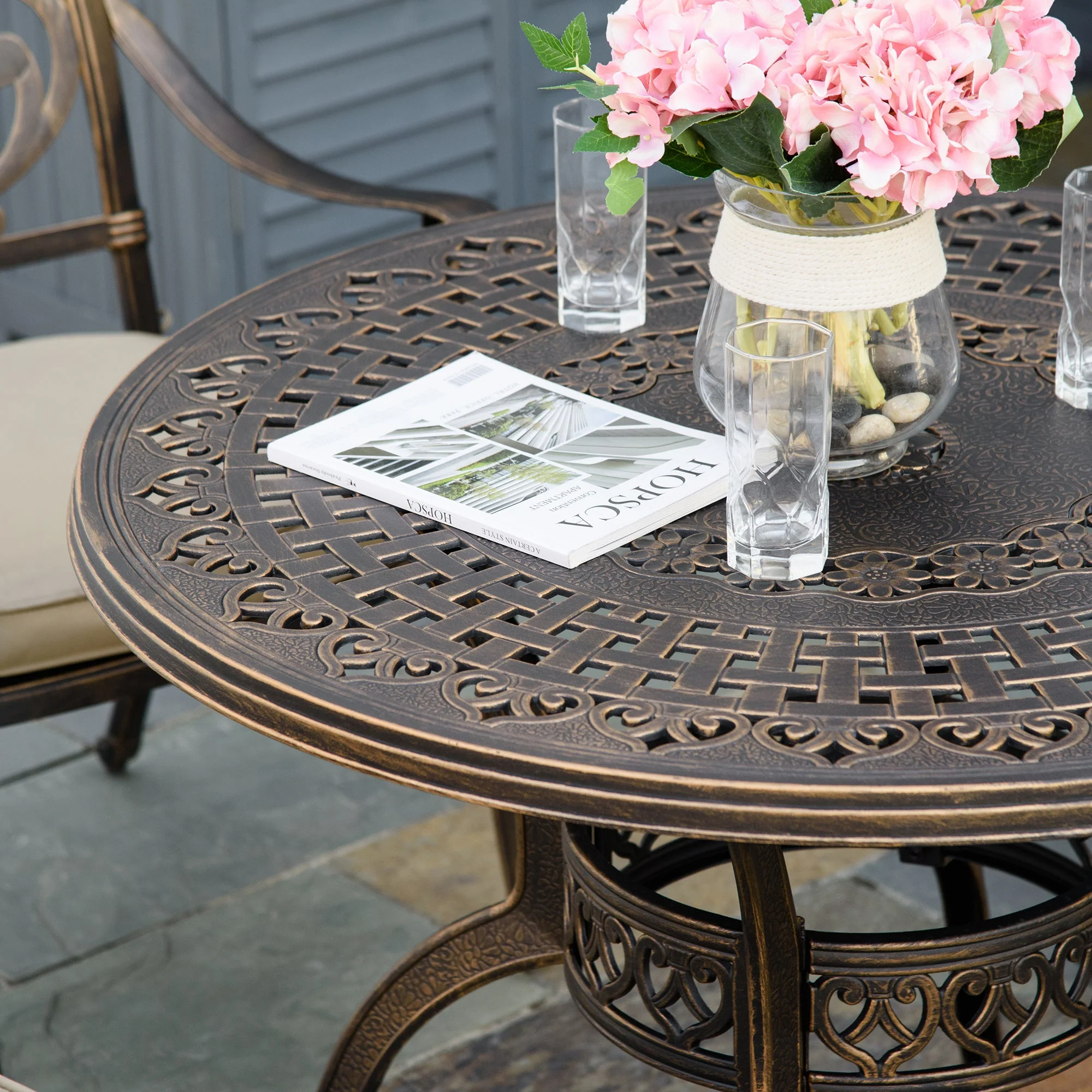 4 Seater Outdoor Dining Set Antique Cast Aluminium Garden Furniture Set with Cushions Round Dining Table with Parasol Hole - Image 7