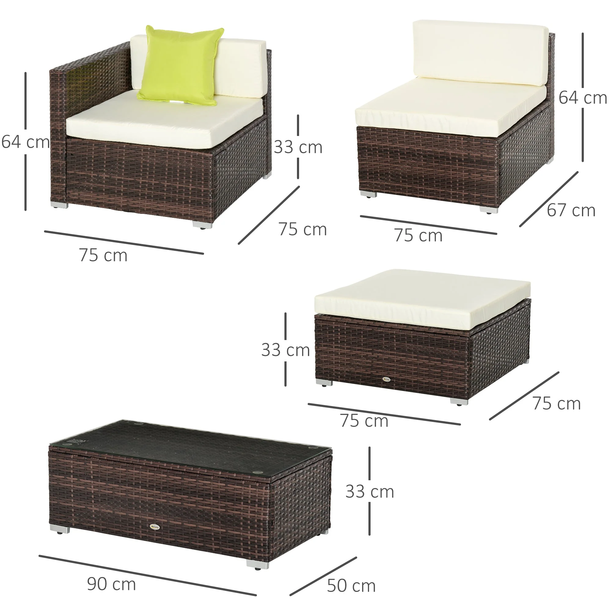 4 Seater Rattan Sofa Set Garden Outdoor Sectional Sofa Coffee Table Combo Patio Furniture-Brown - Image 3